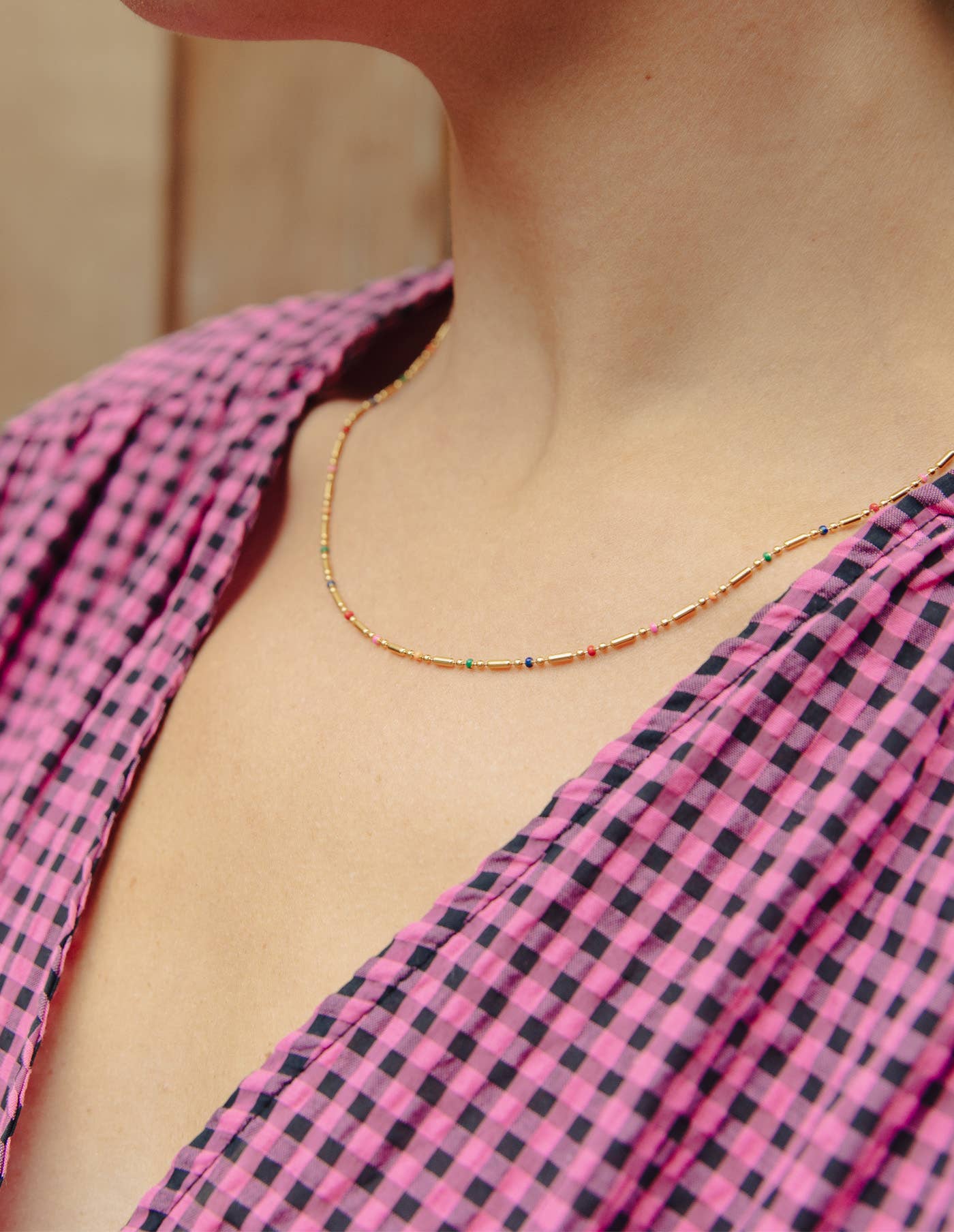 Gold Enamel Bead Necklace, Waterproof