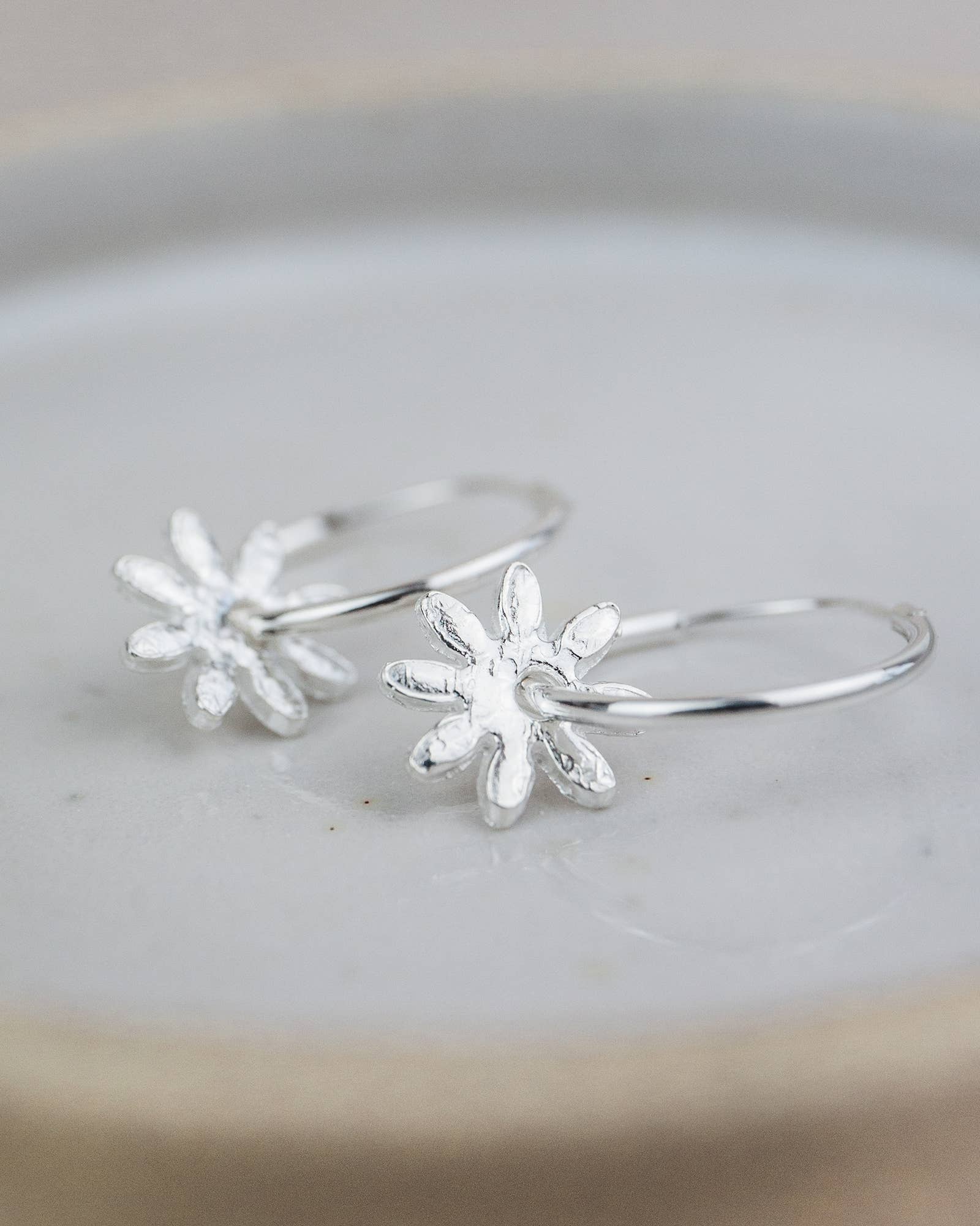 Sterling Silver Daisy Charm Hoops: Classic
