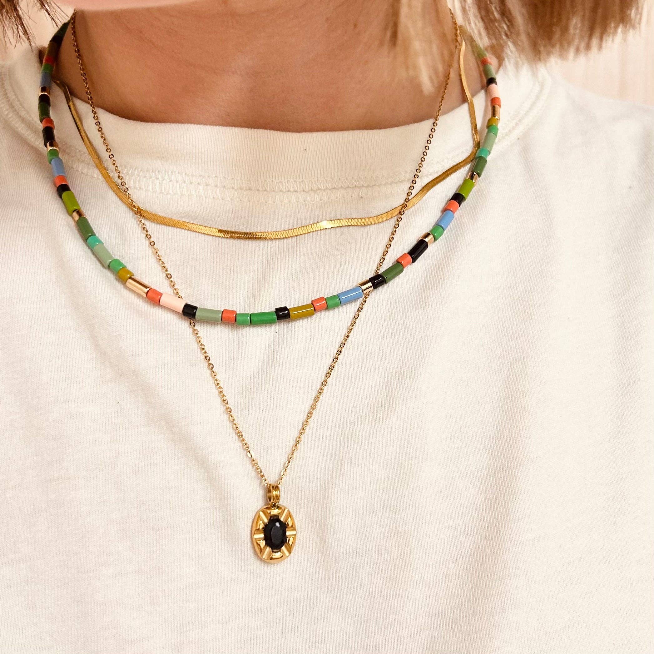 Green + Gold Mosaic Bead Necklace