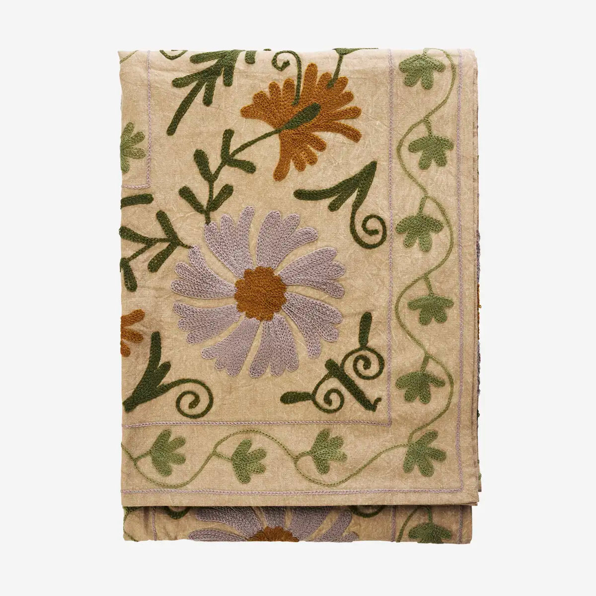 Suzani embroidered cotton throw - Camel
