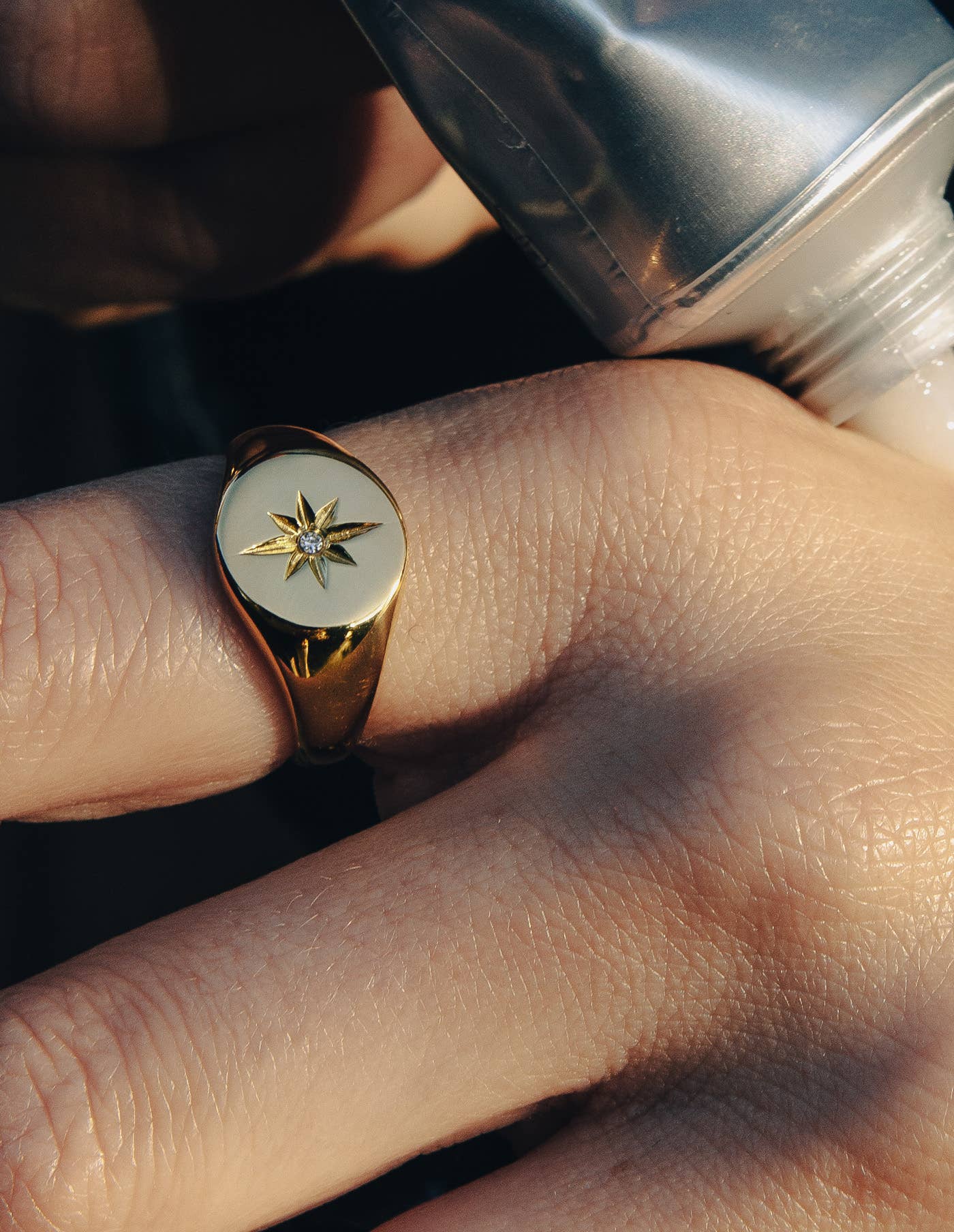 Gold Large Stone Embossed Signet Ring, Waterproof: Medium