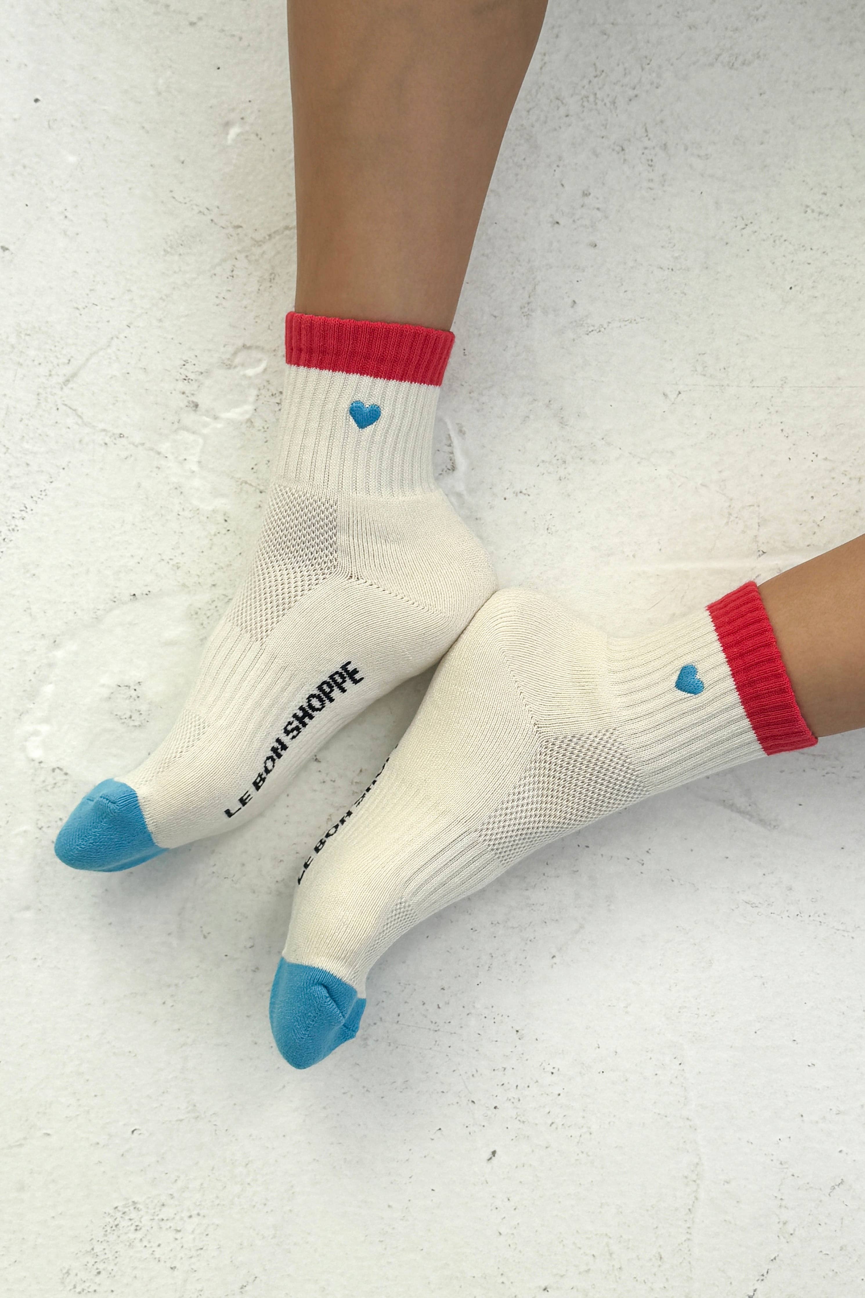 Embroidered Color Block Girlfriend Socks: ROSE GREEN + HEART