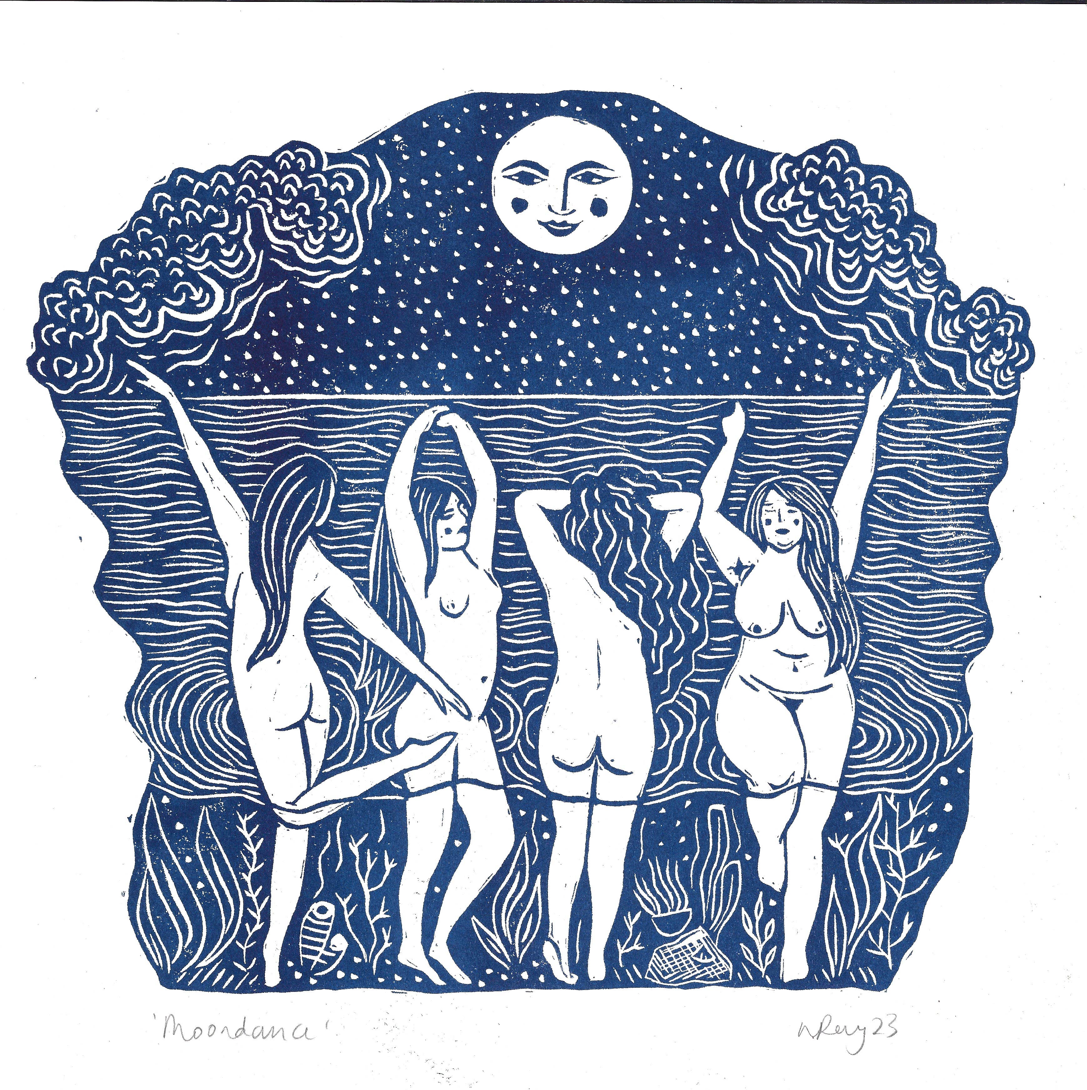 Moondance riso print, moon art, wild swimming, sea theme