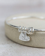 Sterling Silver Textured Heart Charm Bangle : 6.5cm