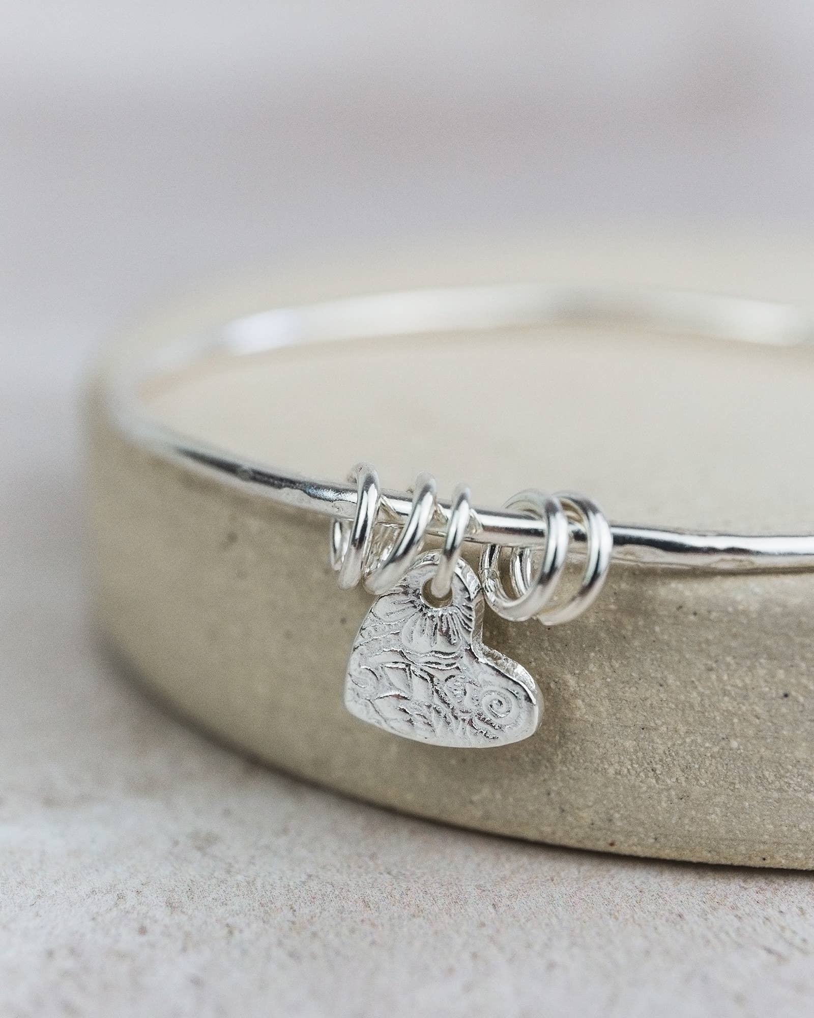Sterling Silver Textured Heart Charm Bangle : 7cm