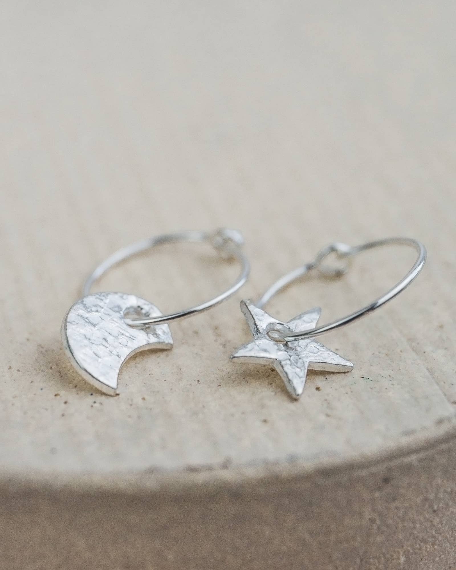 Sterling Silver Mismatch Star & Moon Hoops: Classic
