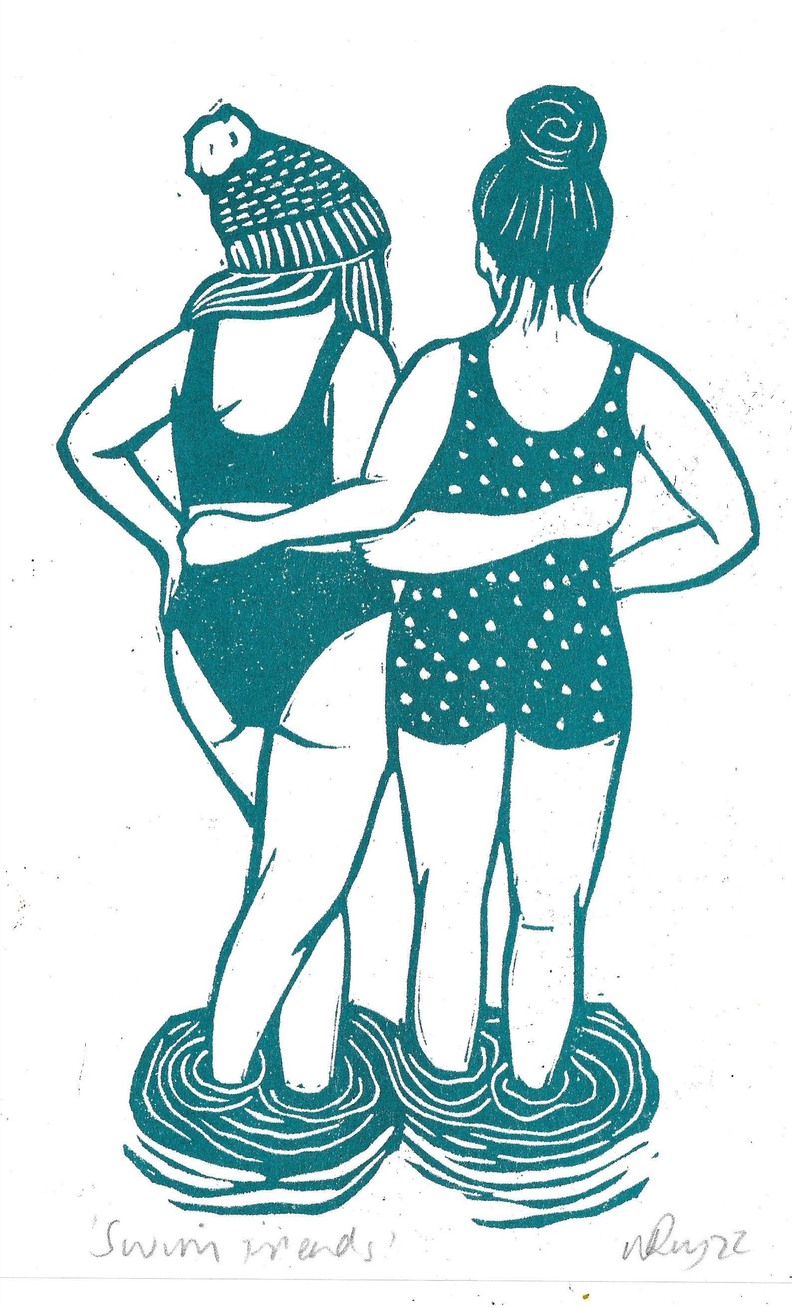 Swim Friends riso print, swimming, wild swim, sisters,