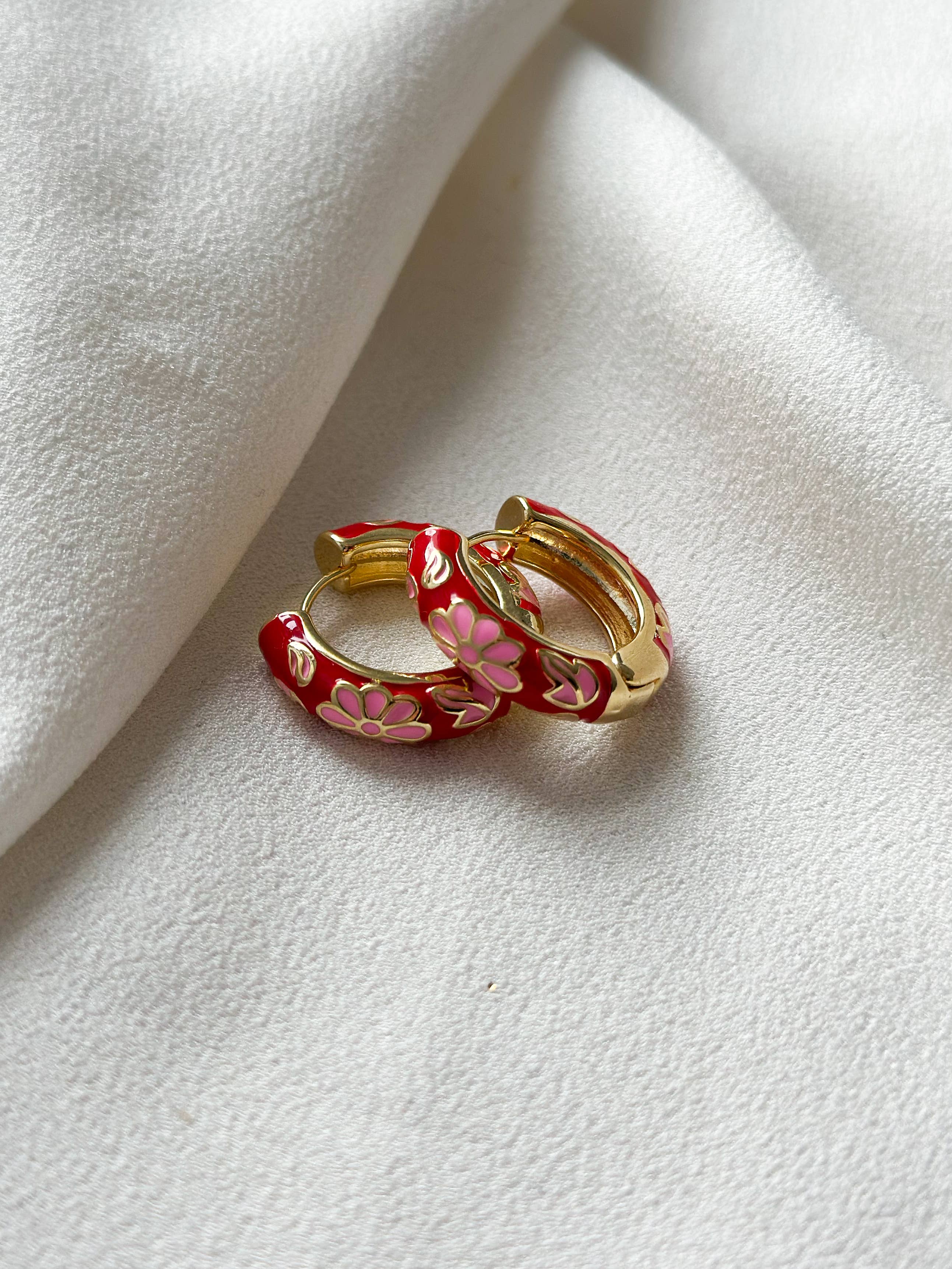 18k Gold Plated Floral Enamel Hoop Earrings - Red