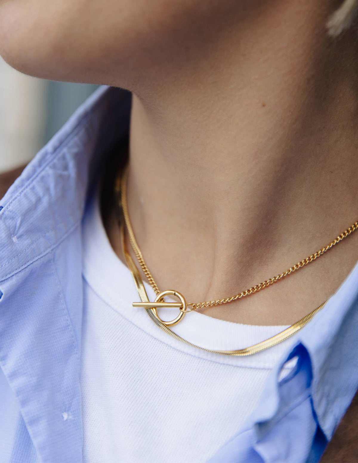 Gold Herringbone Toggle Chain Necklace, Waterproof