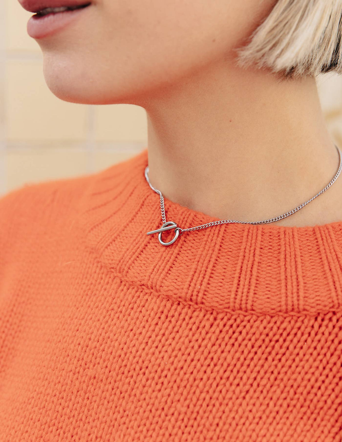 Silver Herringbone Toggle Chain Necklace, Waterproof