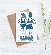 Swim Friends Card, sisters, sea, beach, swimming, water