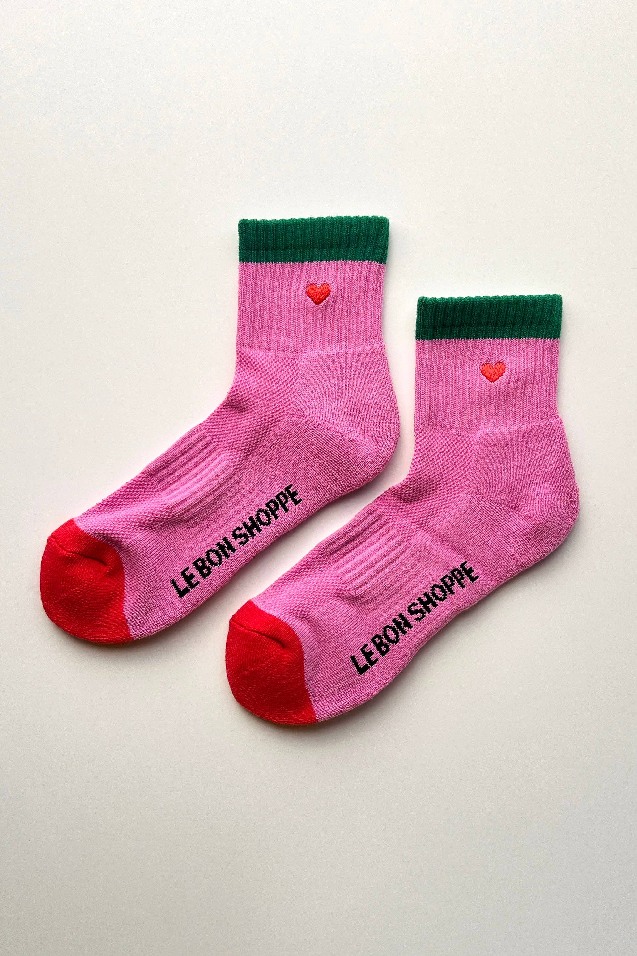 Embroidered Color Block Girlfriend Socks: ROSE GREEN + HEART