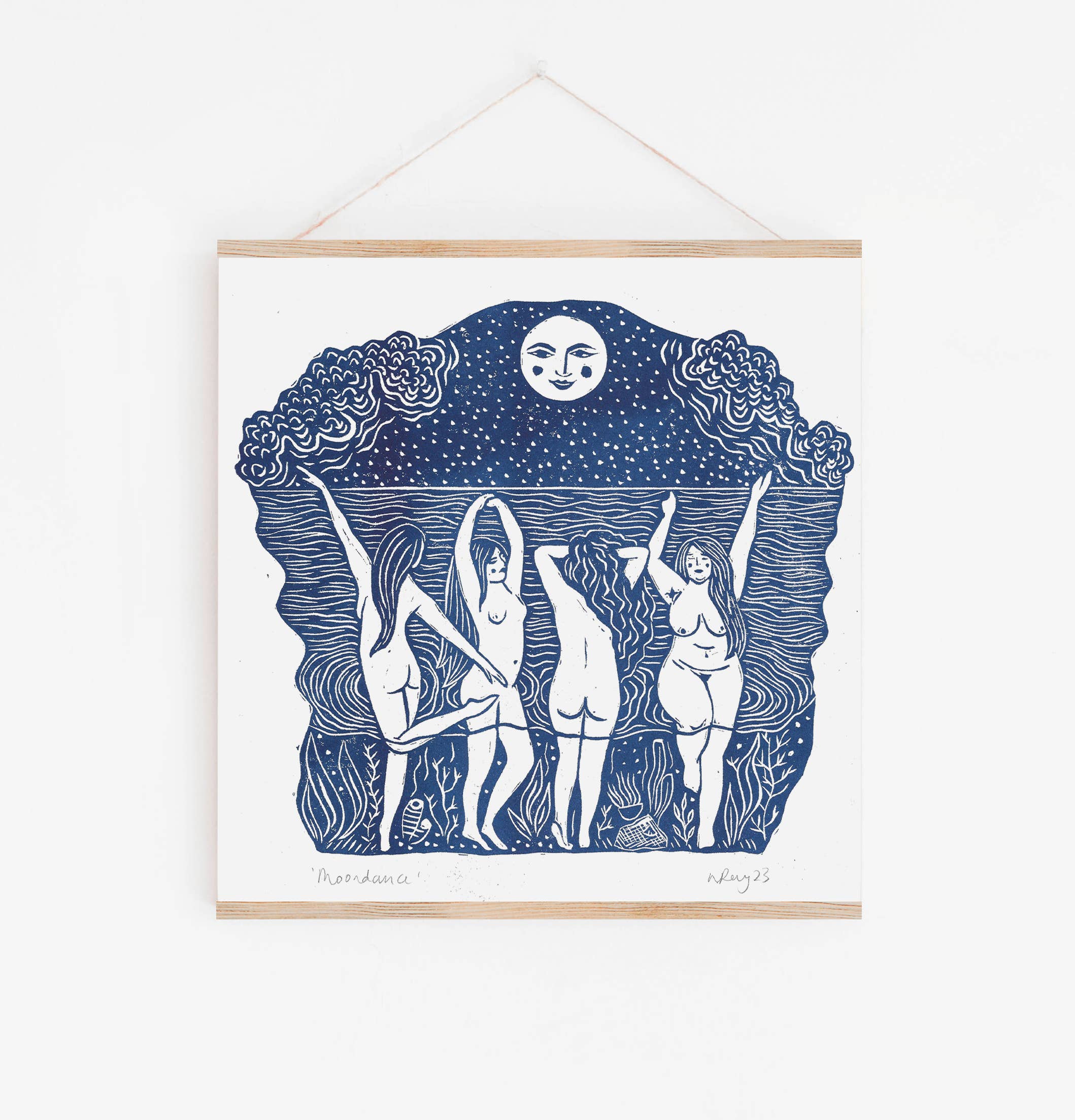 Moondance riso print, moon art, wild swimming, sea theme