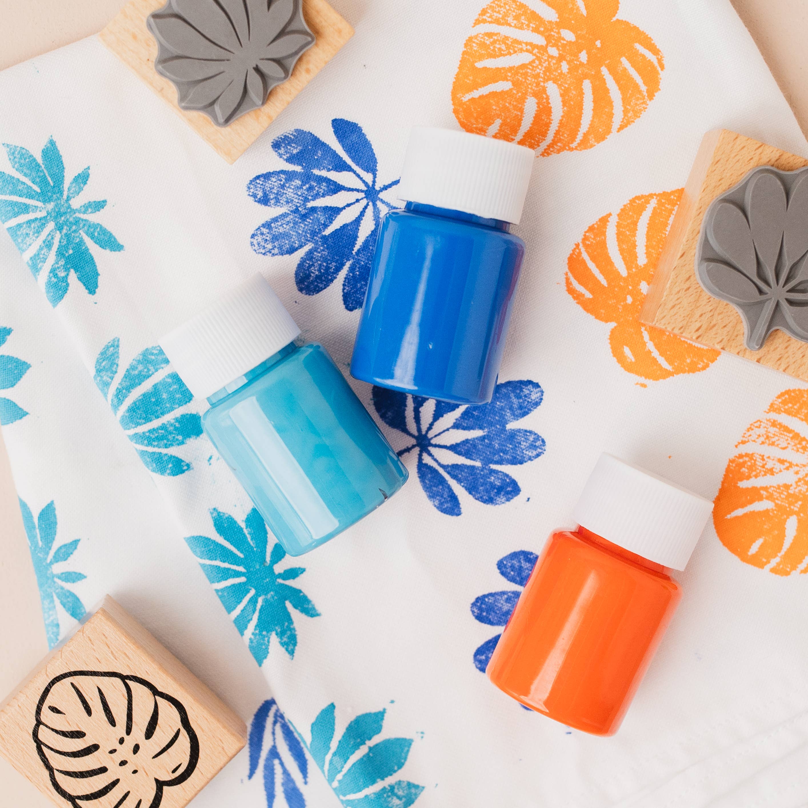 Textile DIY kit, block printing kit: Cyan+orange+blue