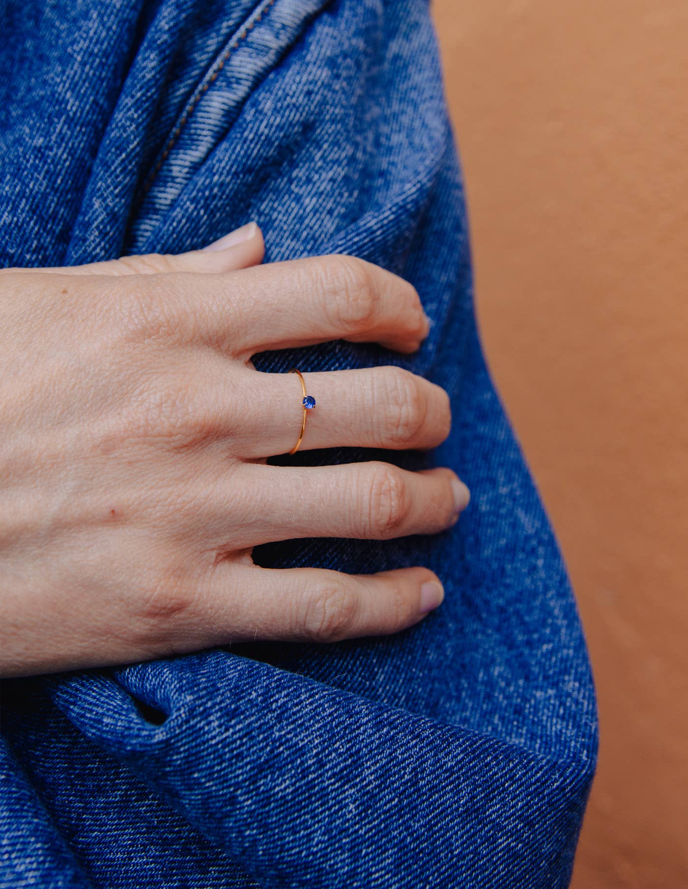 Gold Dainty Blue Gemstone Ring, Waterproof: Large
