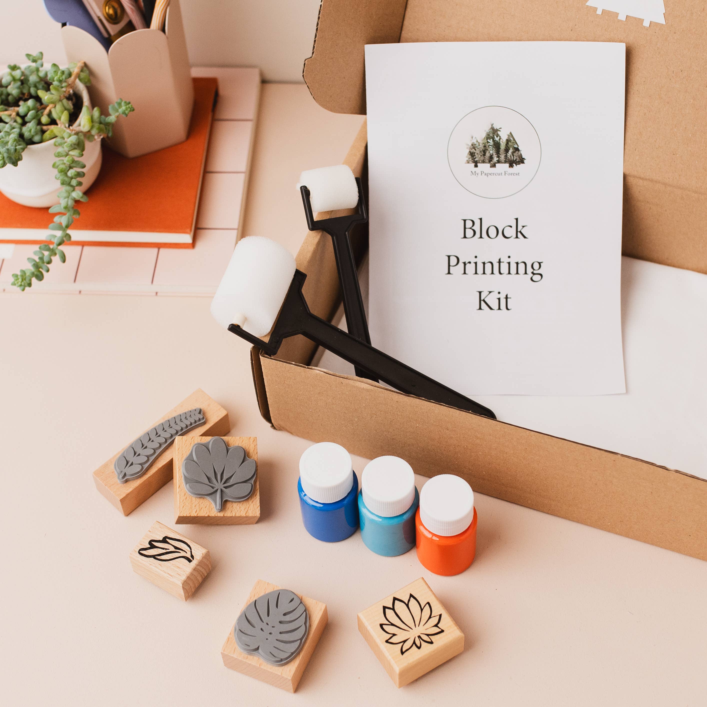 Textile DIY kit, block printing kit: Cyan+orange+blue