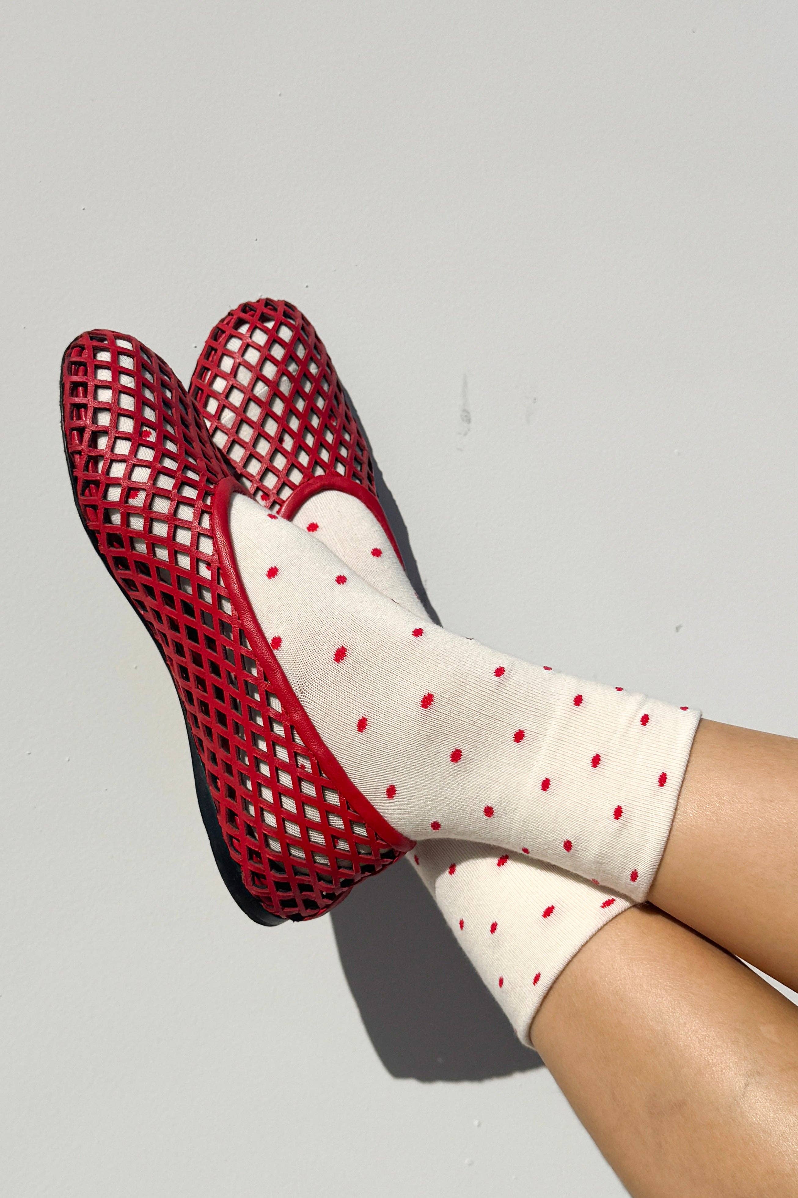 Patterned Sneaker Socks (wholesale): POLKA DOT - CREAM/RED