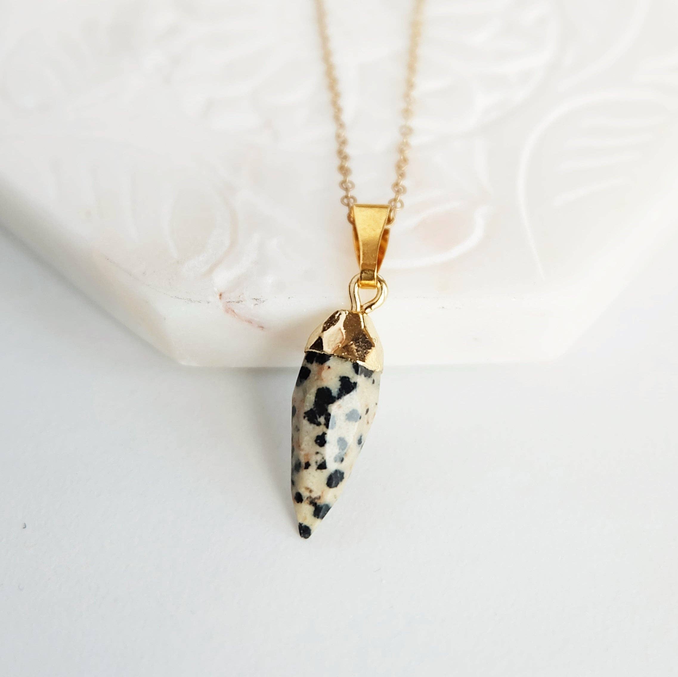 Dalmatian Jasper Gemstone Spike Necklace Pendant: 16 - 18 inches