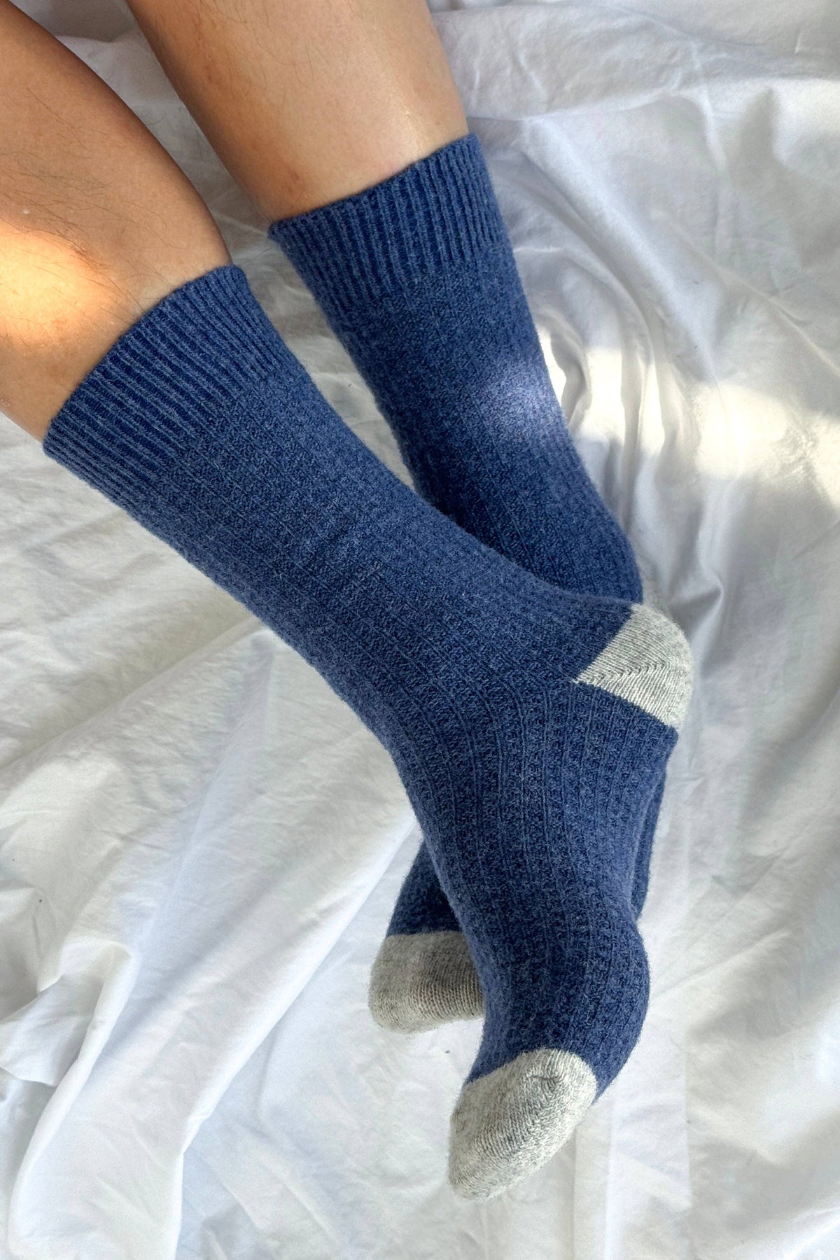 Extended Wool Waffle Socks : Denim/Stone