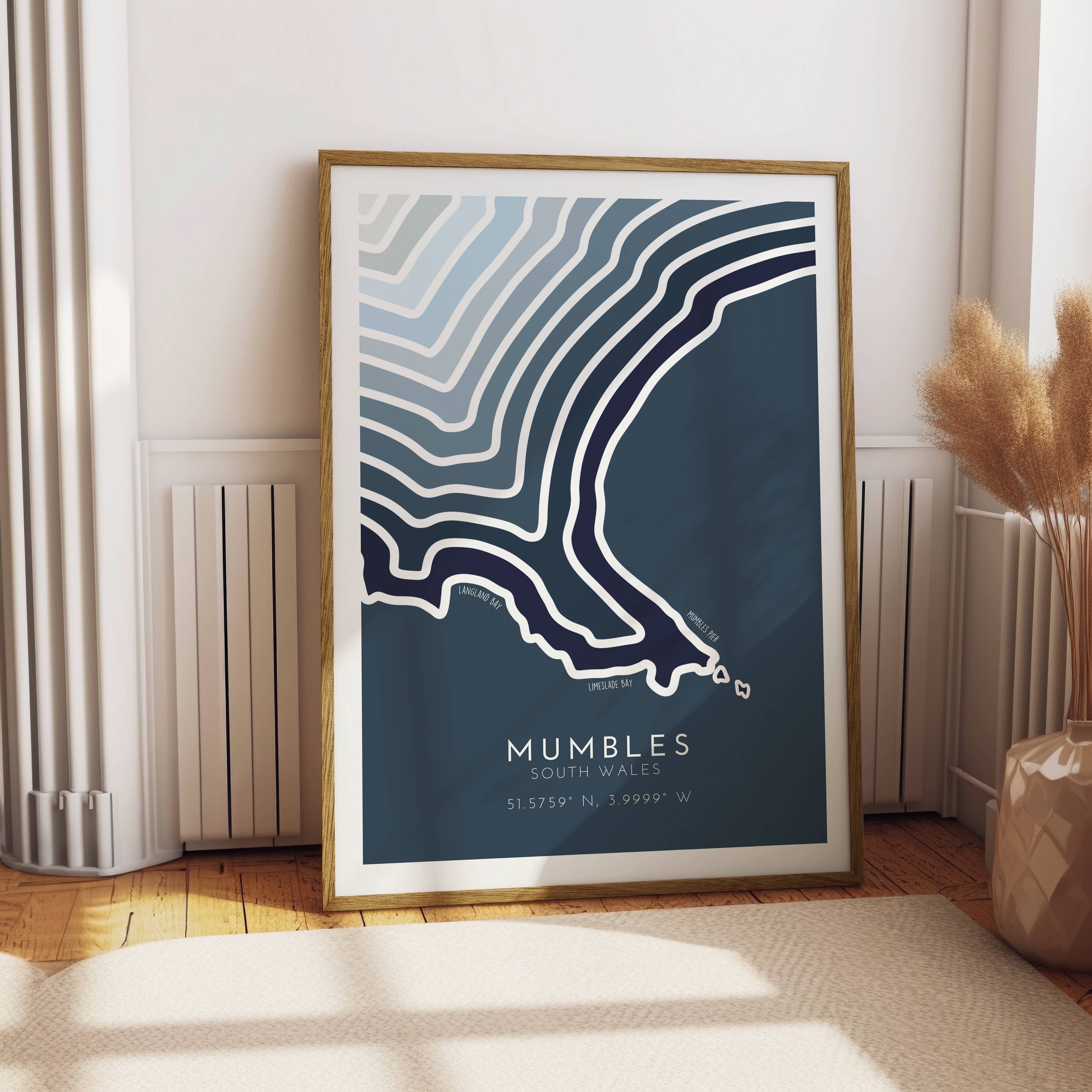 Mumbles Coastline Print - Coastal Wall Art: Sea Blue / A3