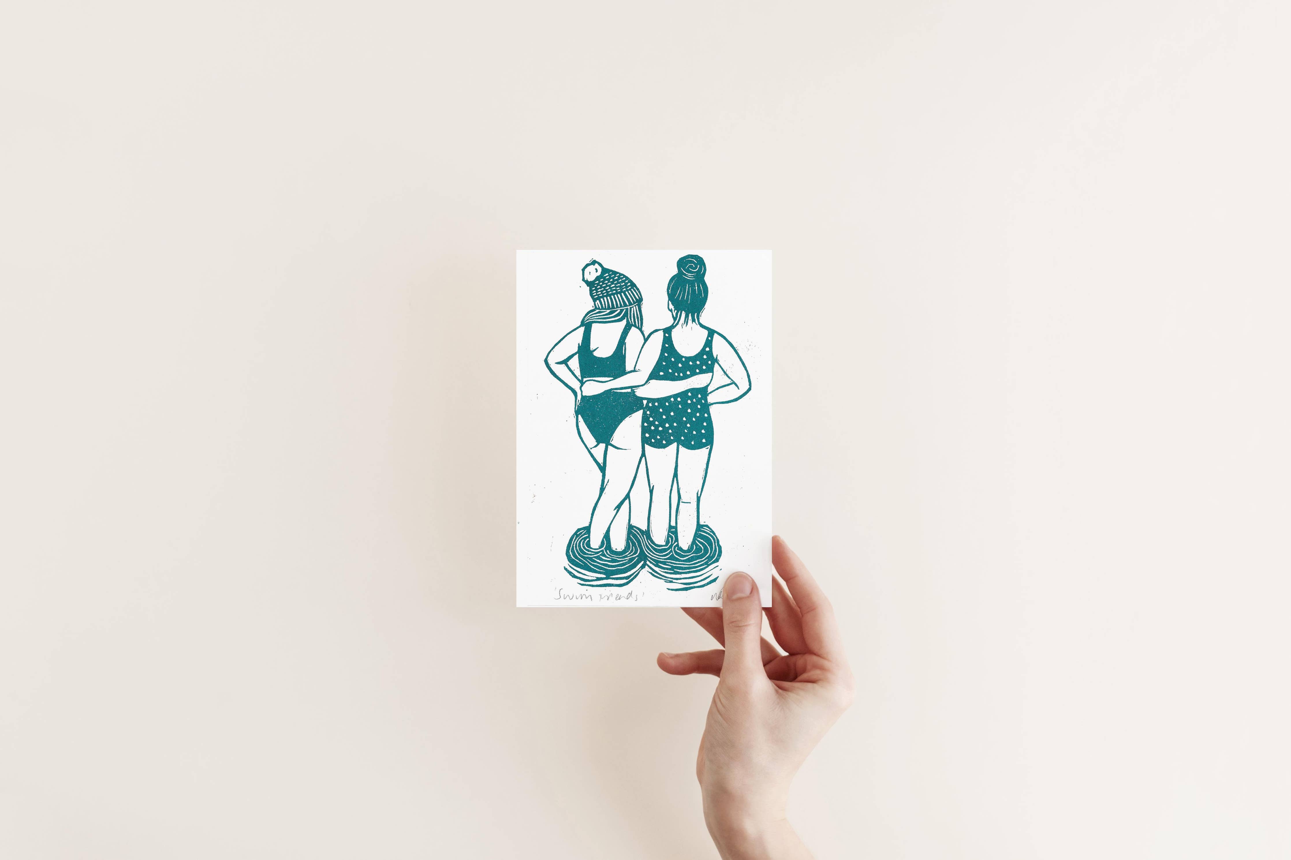 Swim Friends riso print, swimming, wild swim, sisters,