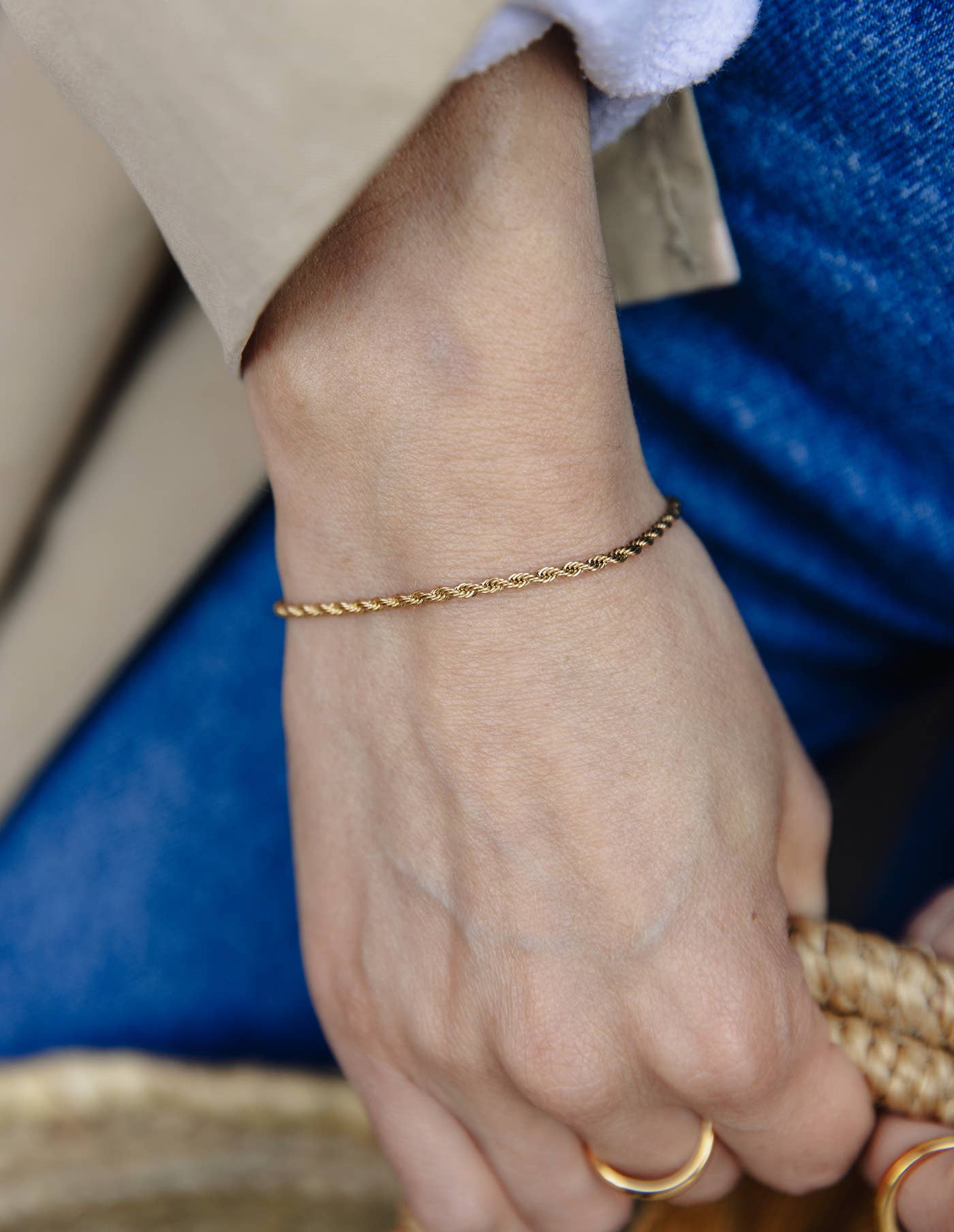 Gold 2mm Rope Twist Bracelet, Waterproof