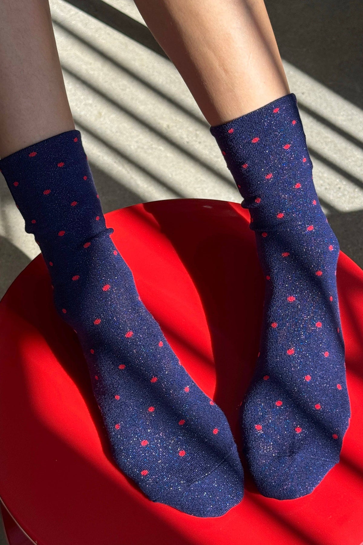 Lurex Patterned Sneaker Socks : Polka Dot - Ink Blue/Red