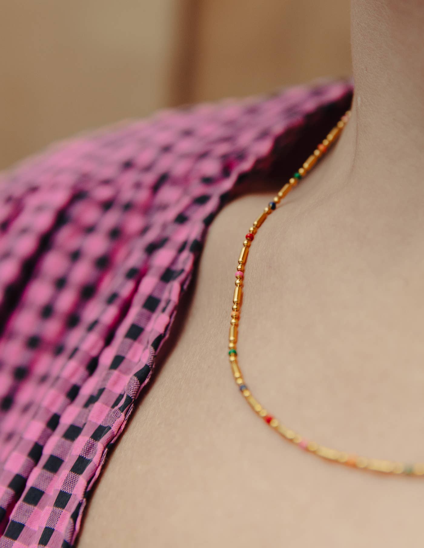 Gold Enamel Bead Necklace, Waterproof