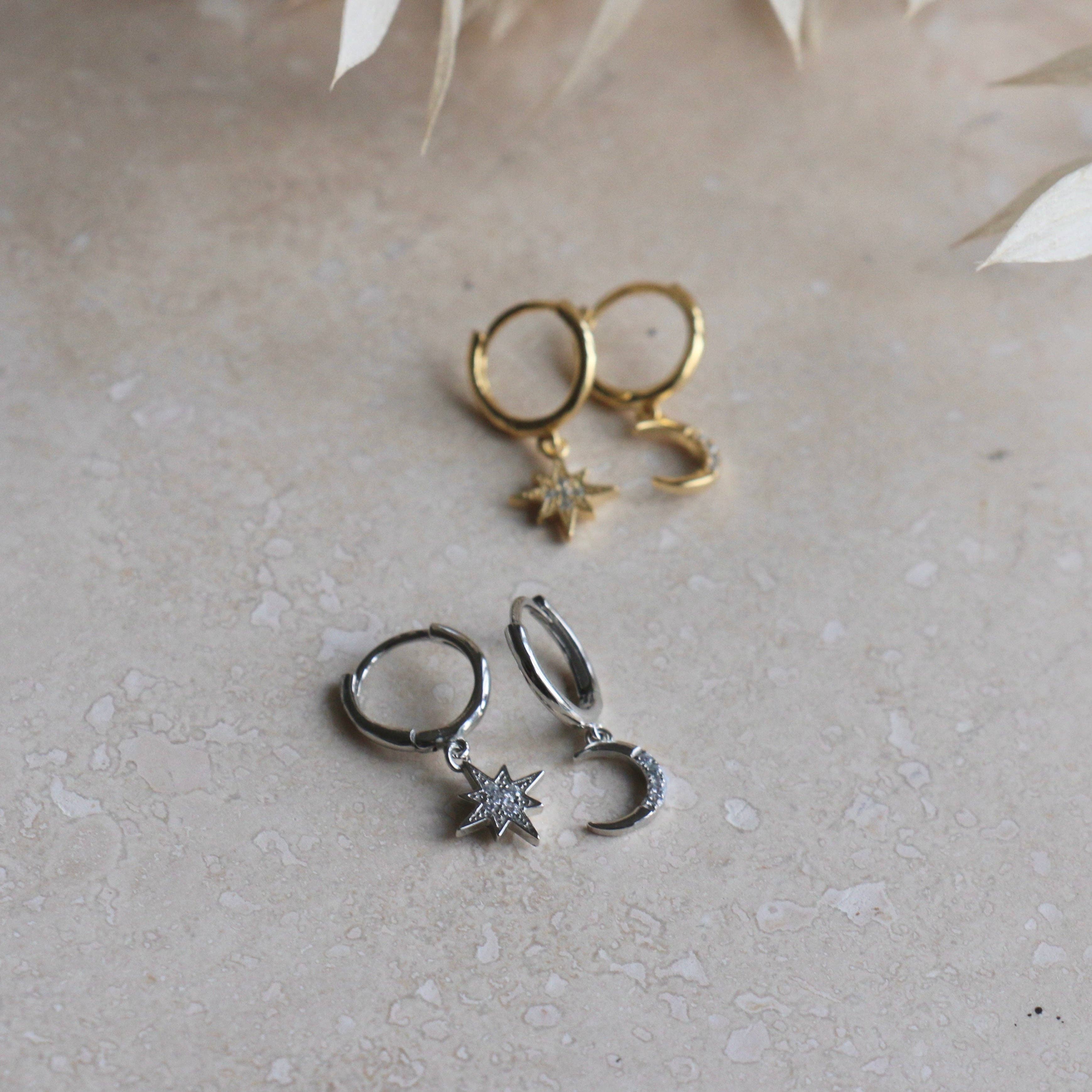 Moon & Star Huggie Hoops: Silver
