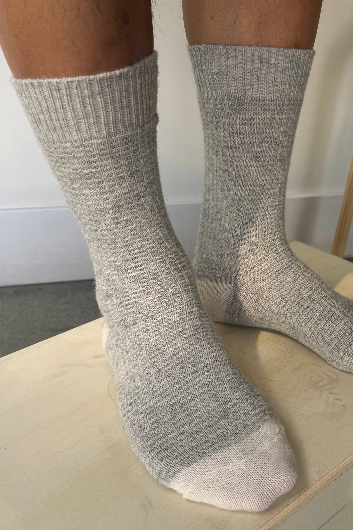 Extended Wool Waffle Socks : Denim/Stone