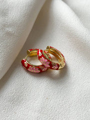 18k Gold Plated Floral Enamel Hoop Earrings - Red