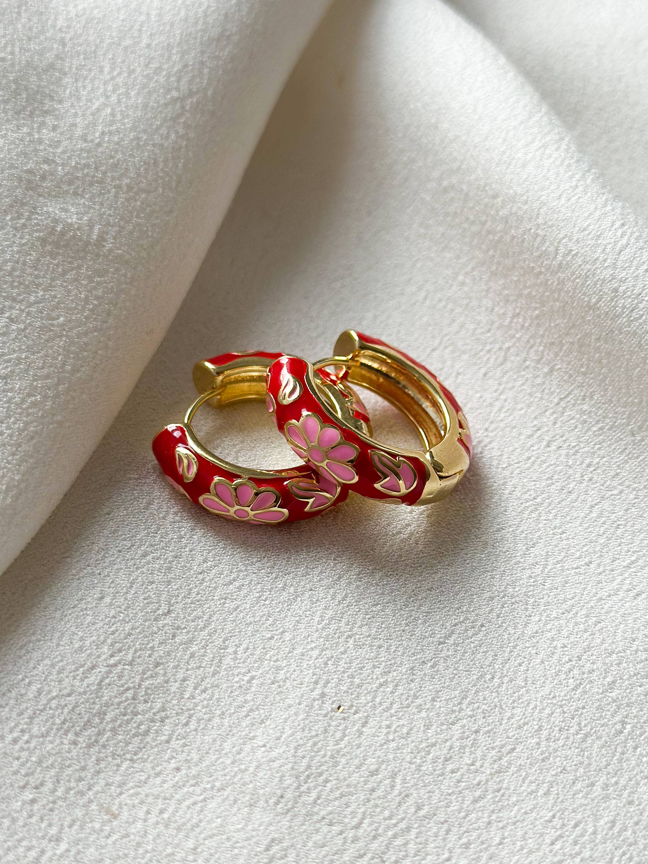 18k Gold Plated Floral Enamel Hoop Earrings - Red