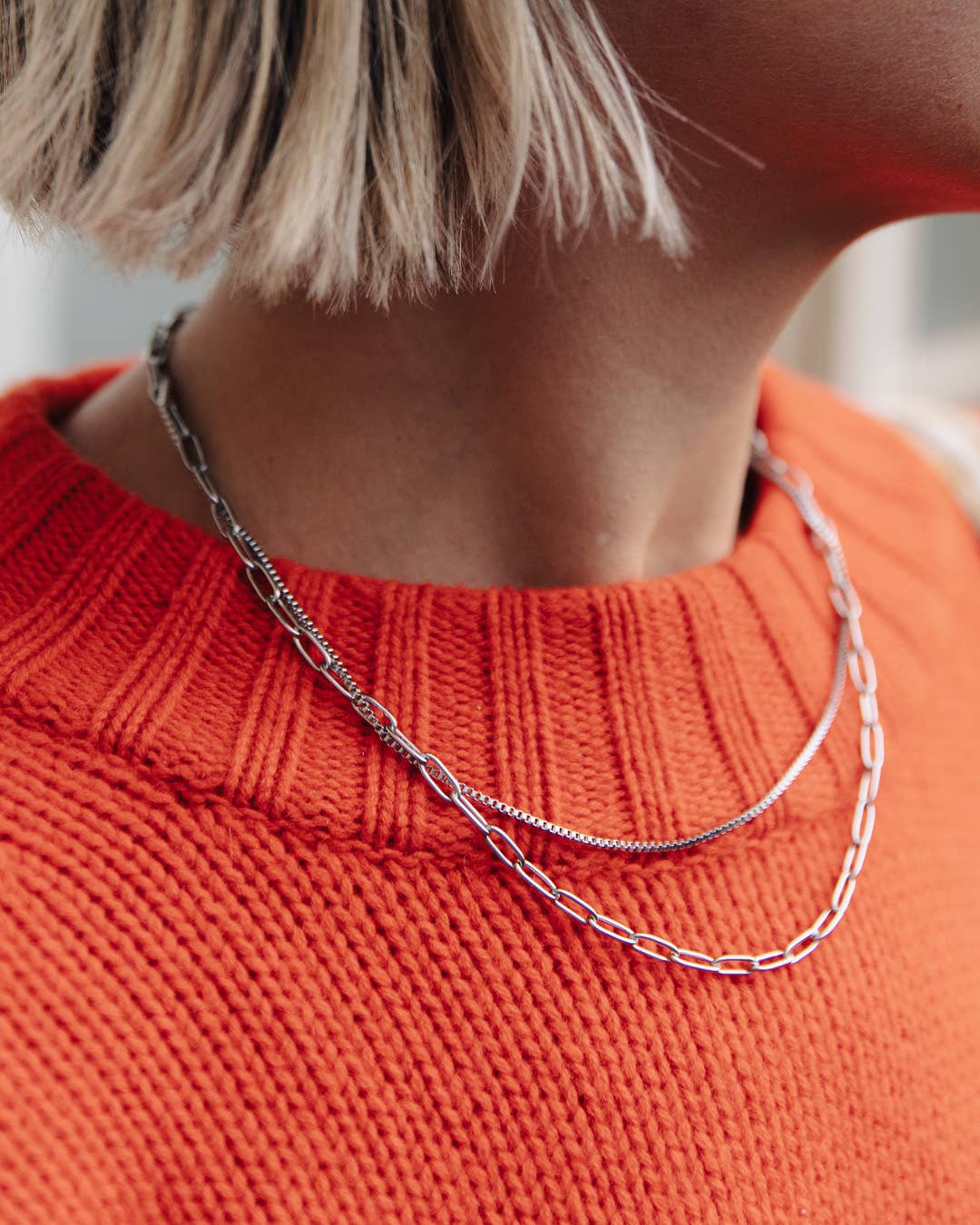 Silver Double Layer Feature Necklace, Waterproof