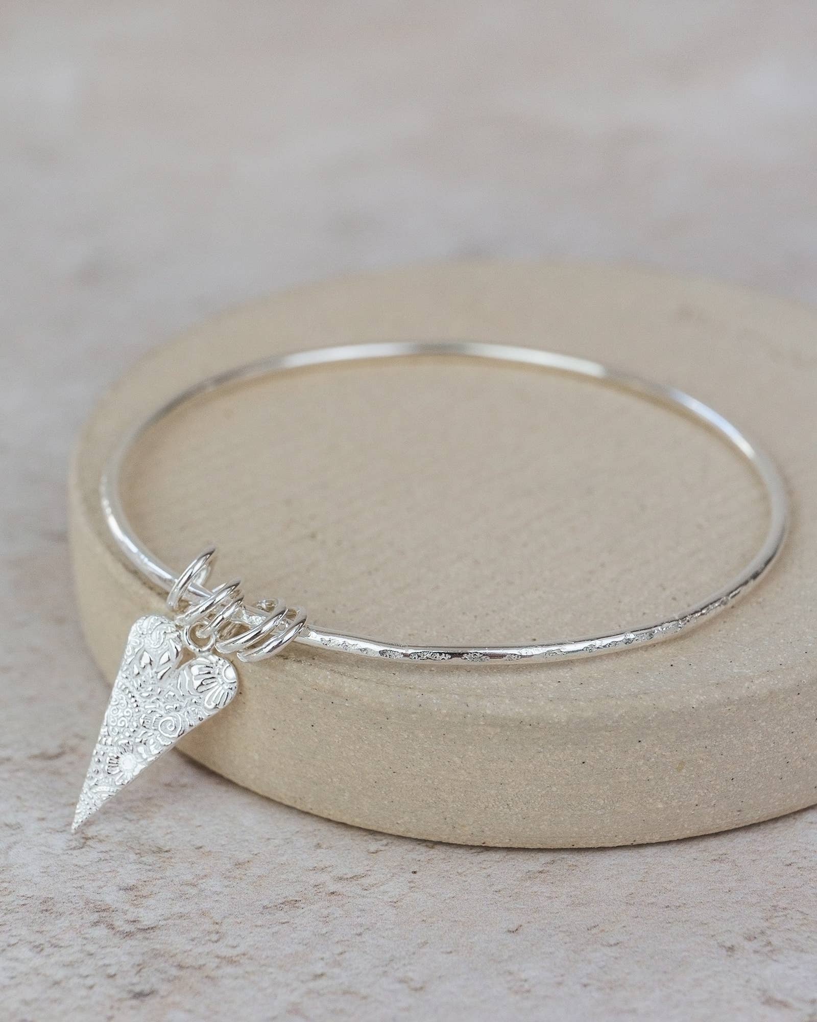 Sterling Silver Long Heart Charm Bangle: 6cm