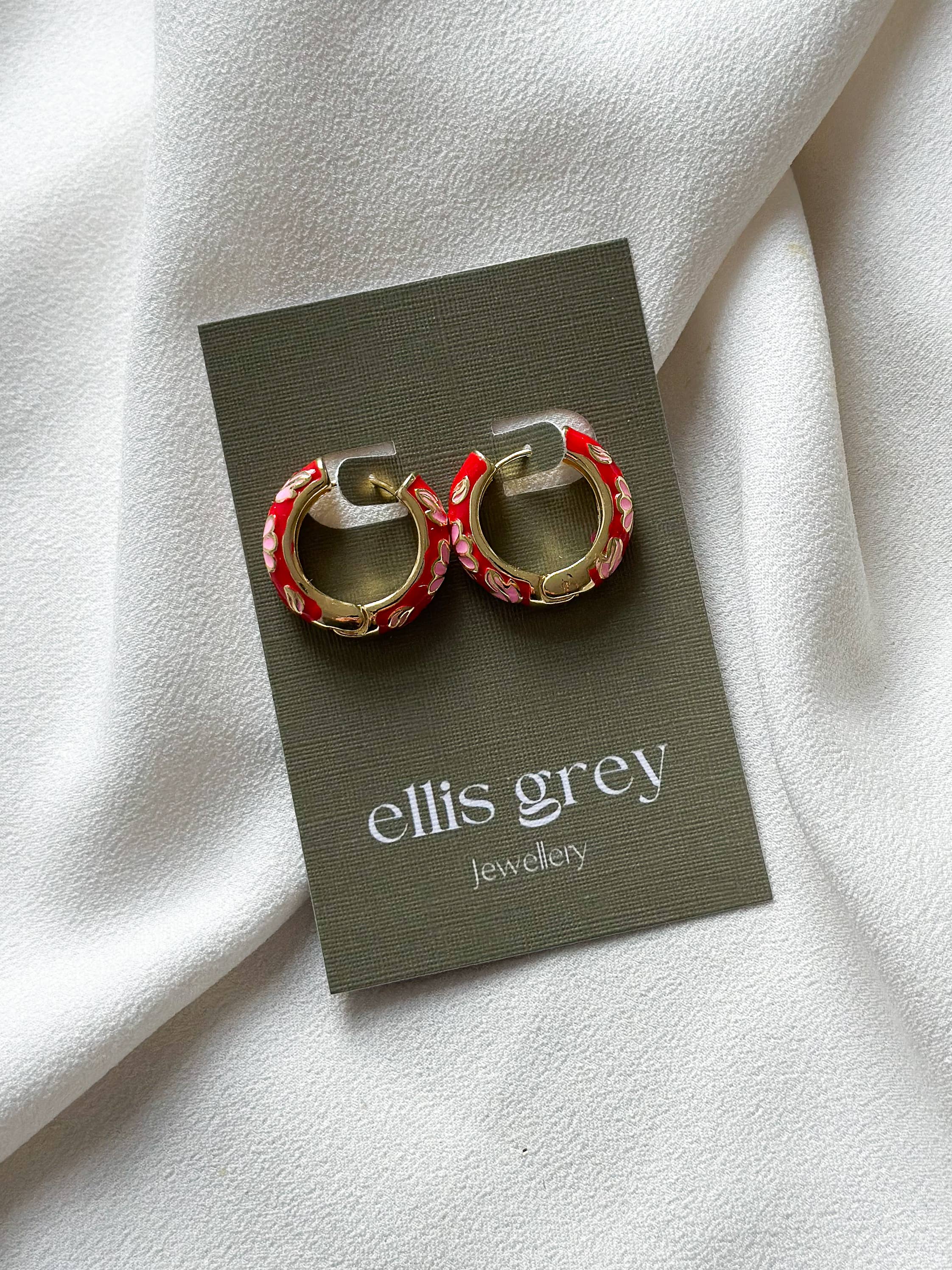 18k Gold Plated Floral Enamel Hoop Earrings - Red