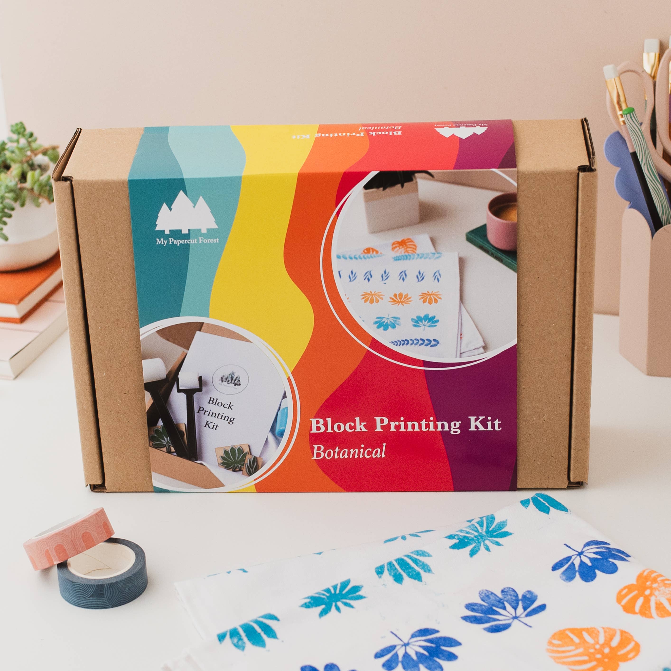 Textile DIY kit, block printing kit: Cyan+orange+blue