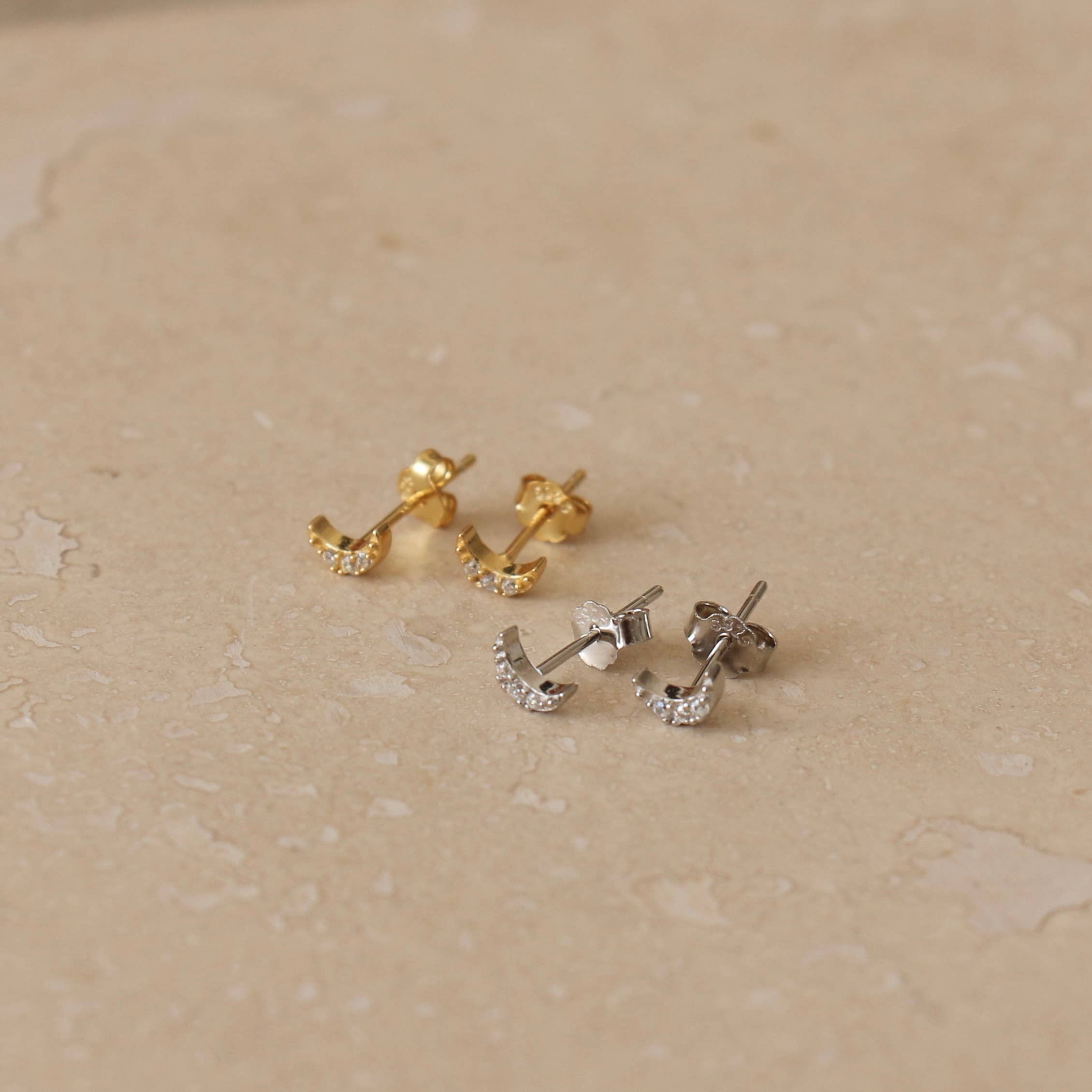 Gold Vermeil | Sterling Silver Mini Moon Stud Earrings: Silver