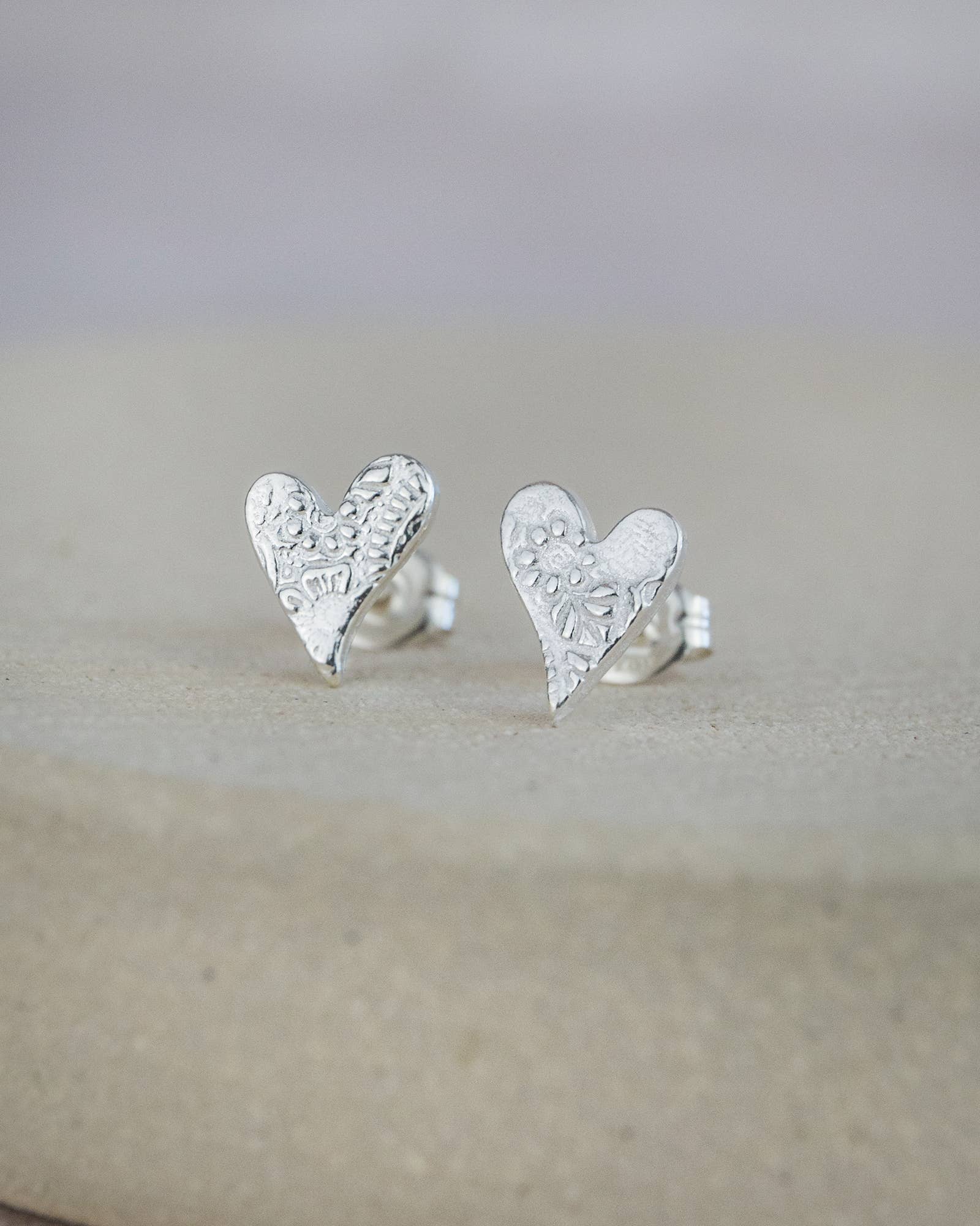 Sterling Silver Textured Tilted Heart Studs