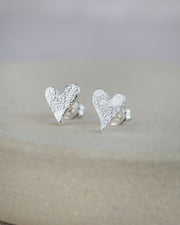 Sterling Silver Textured Tilted Heart Studs