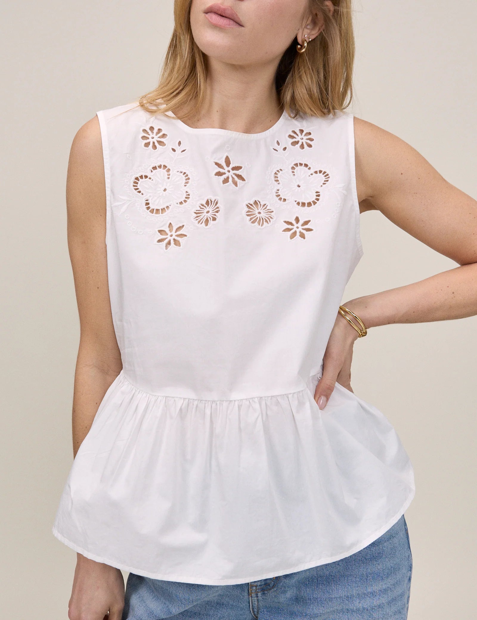 Vera Cutwork Peplum Top - White