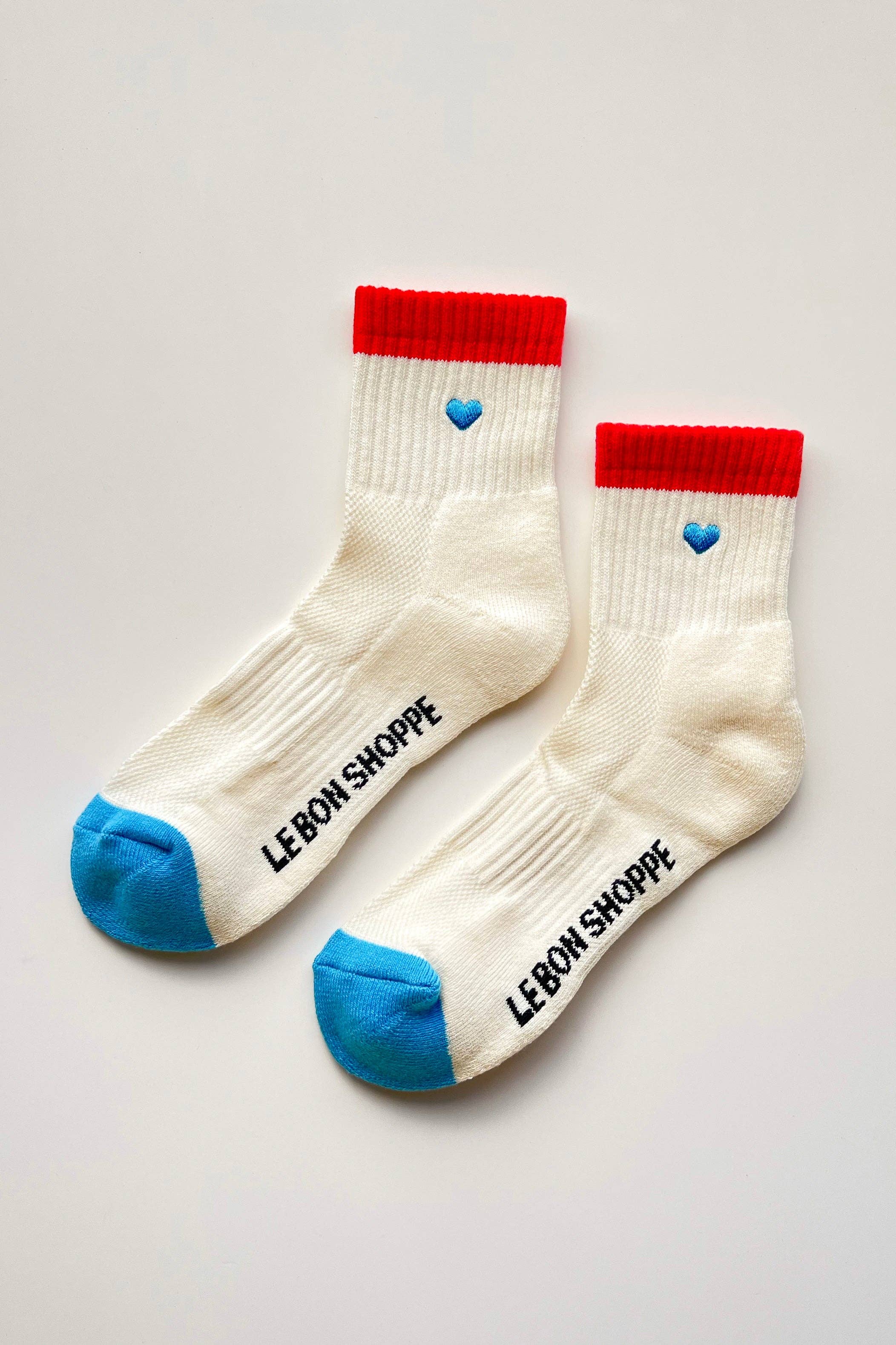 Embroidered Color Block Girlfriend Socks: BLUE RED + HEART