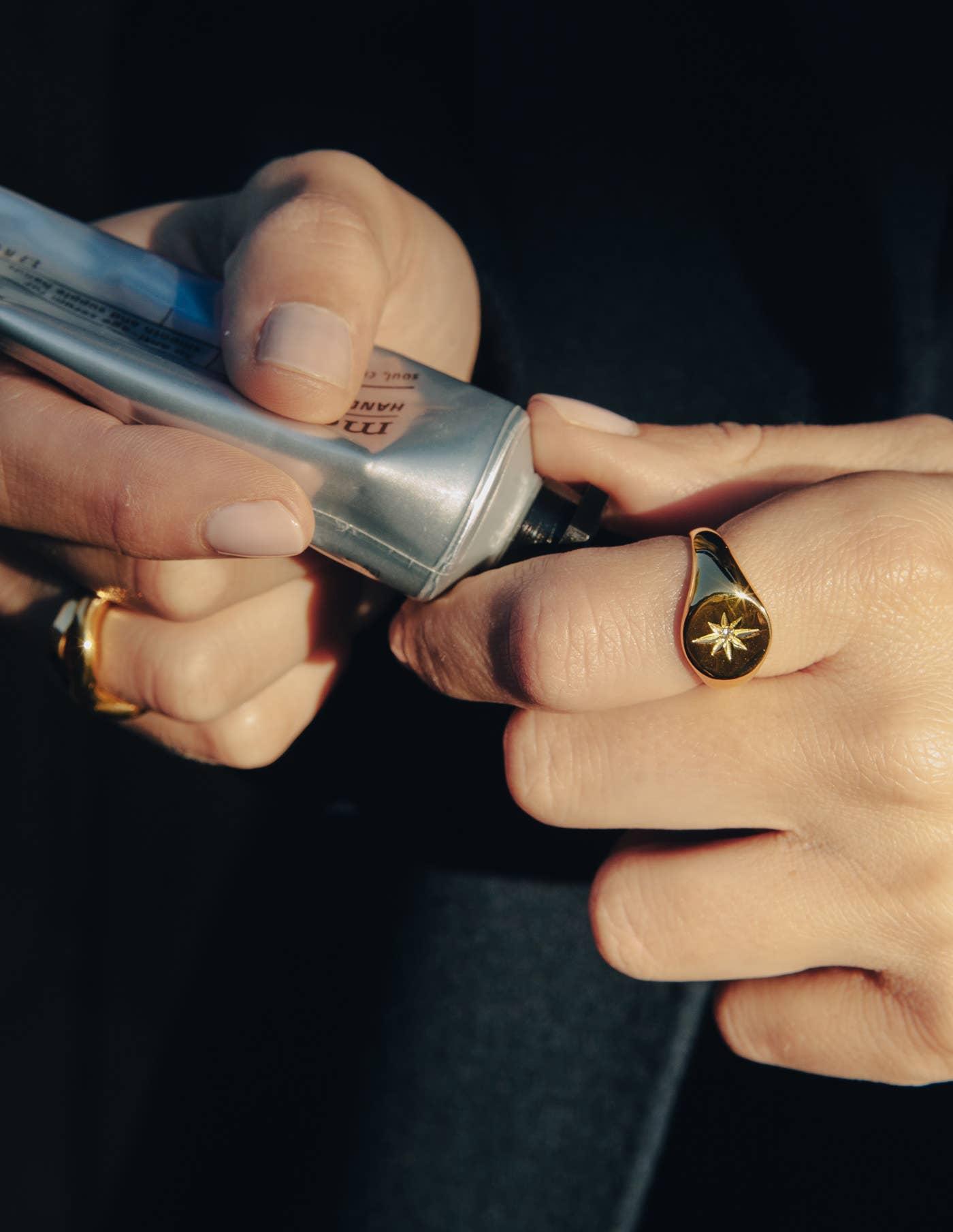Gold Large Stone Embossed Signet Ring, Waterproof: Small