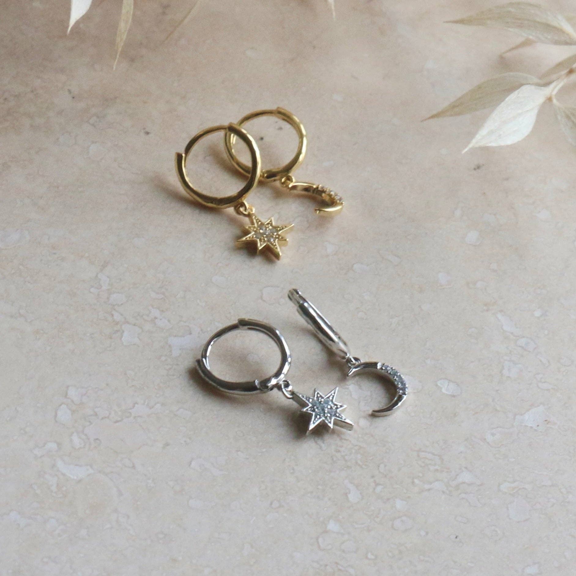 Moon & Star Huggie Hoops: Silver