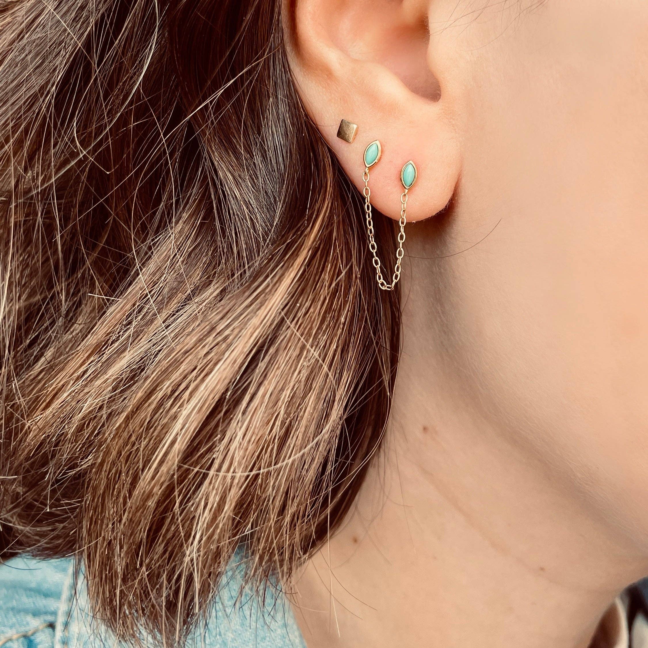 Gold Turquoise Chain Studs: Pair