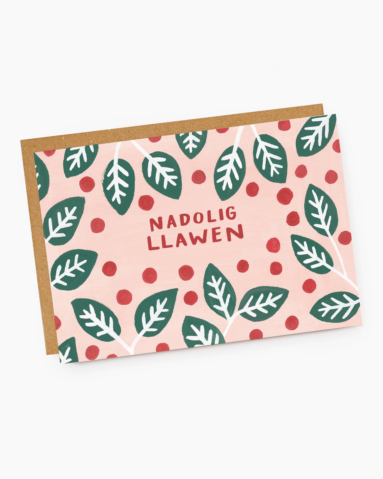 Nadolig LLawen Welsh Language Pink Holly Christmas Card 