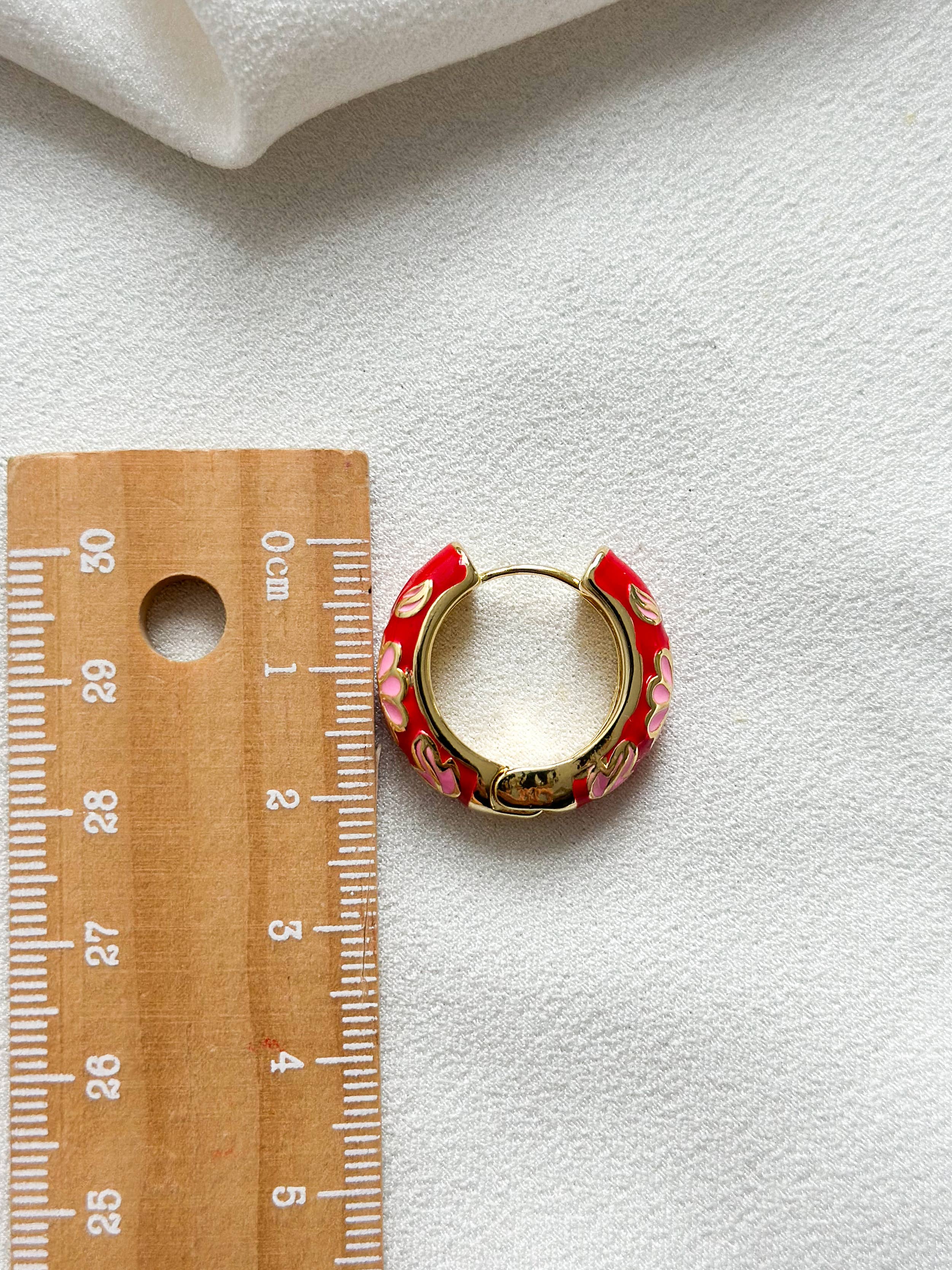 18k Gold Plated Floral Enamel Hoop Earrings - Red