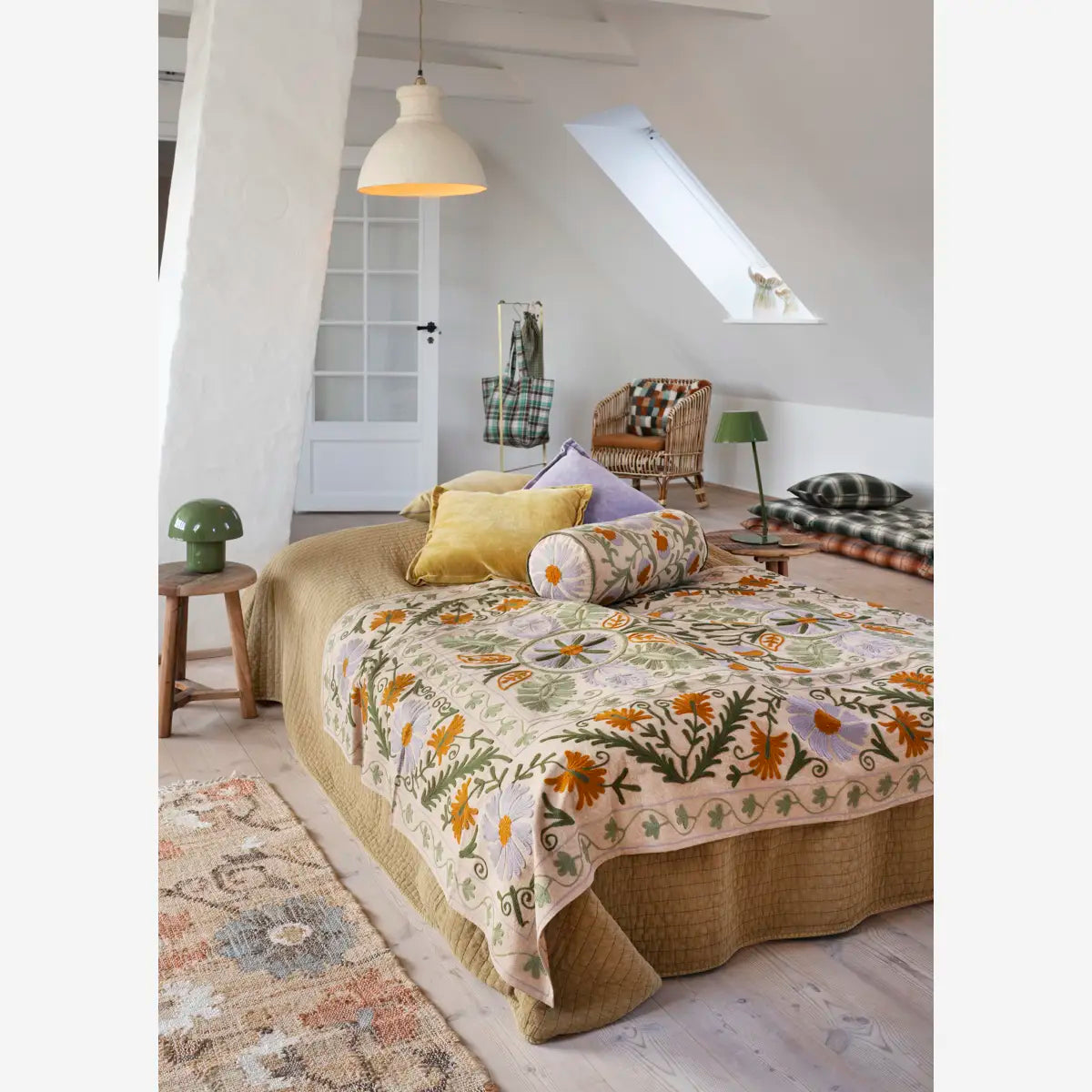 Suzani embroidered cotton throw - Camel