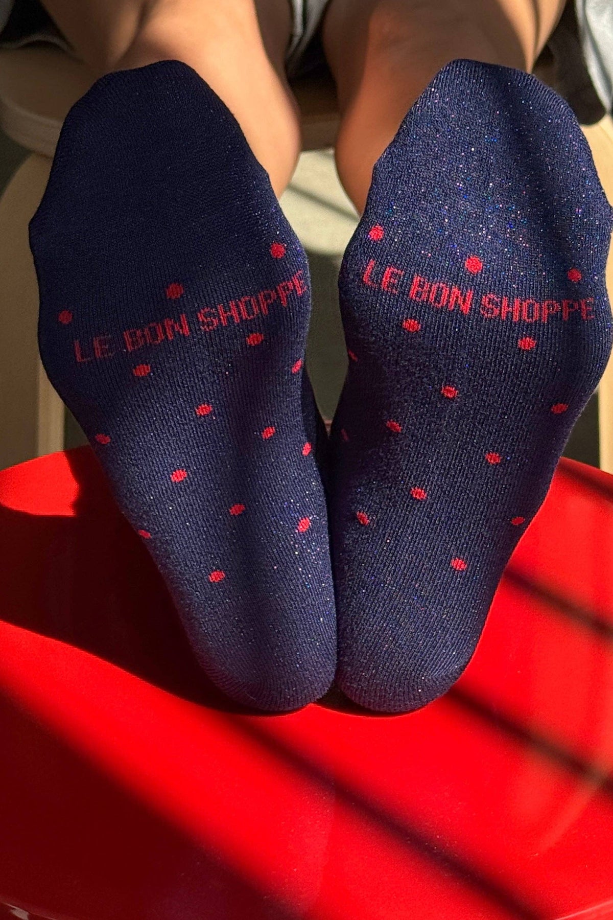 Lurex Patterned Sneaker Socks : Polka Dot - Ink Blue/Red