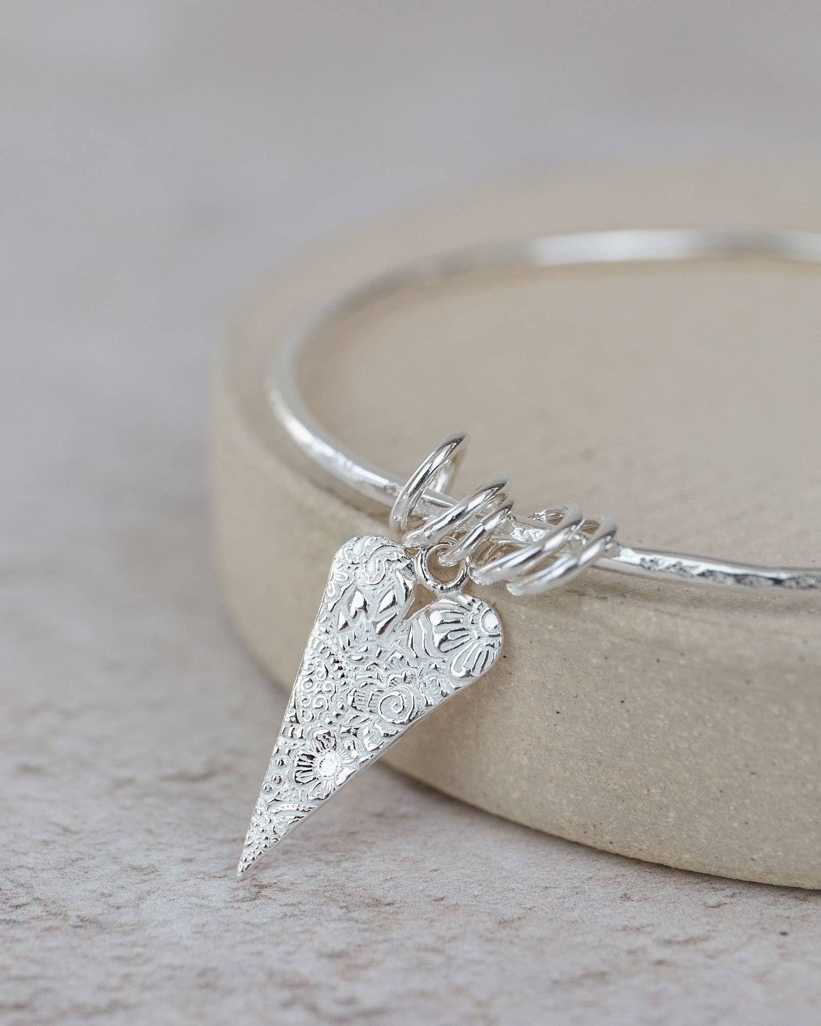 Sterling Silver Long Heart Charm Bangle: 6cm