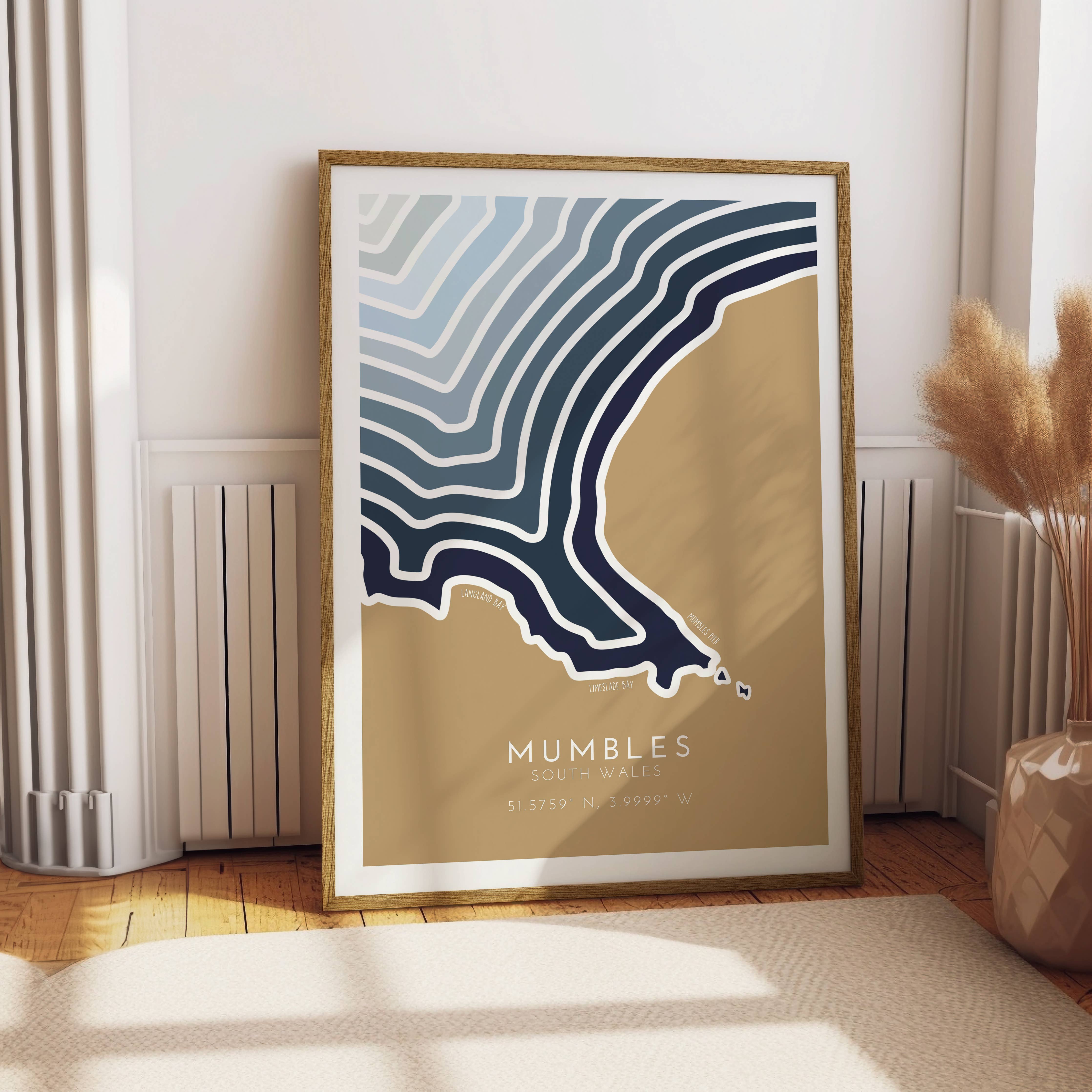 Mumbles Coastline Print - Coastal Wall Art: Sea Blue / A3